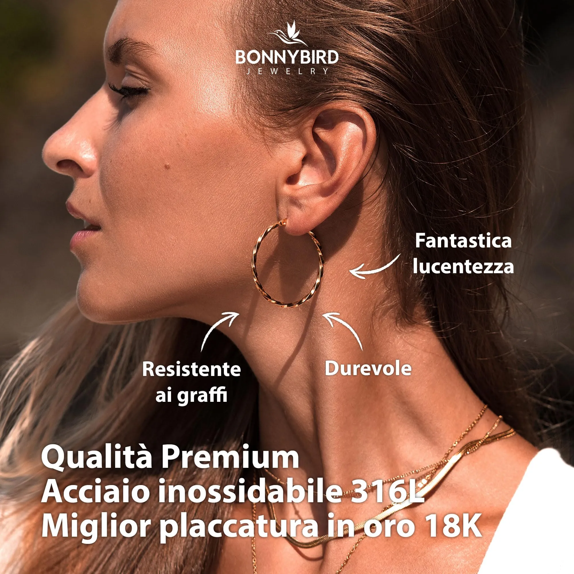 BONNYBIRD Orecchini a Cerchio Donna Oro Rosa Grandi in Acciaio Inossidabile 316L - immagine 2