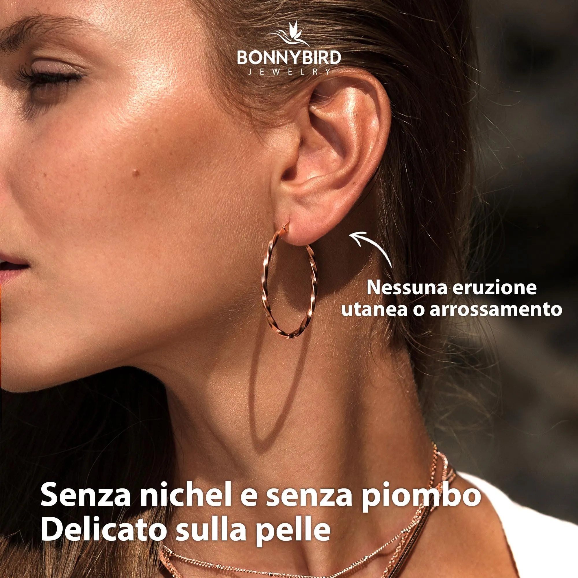 BONNYBIRD Orecchini a Cerchio Donna Oro Rosa Grandi in Acciaio Inossidabile 316L - immagine 3