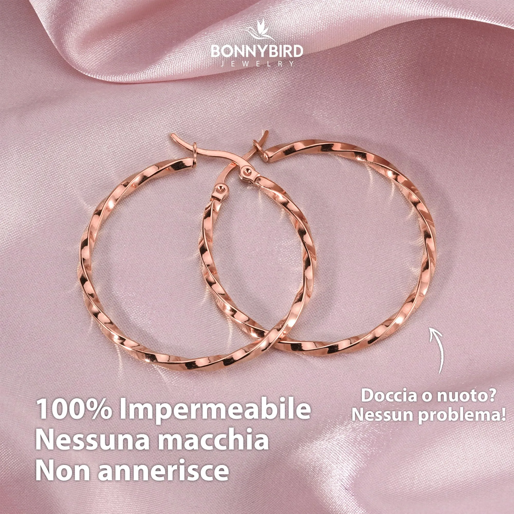 BONNYBIRD Orecchini a Cerchio Donna Oro Rosa Grandi in Acciaio Inossidabile 316L - immagine 4