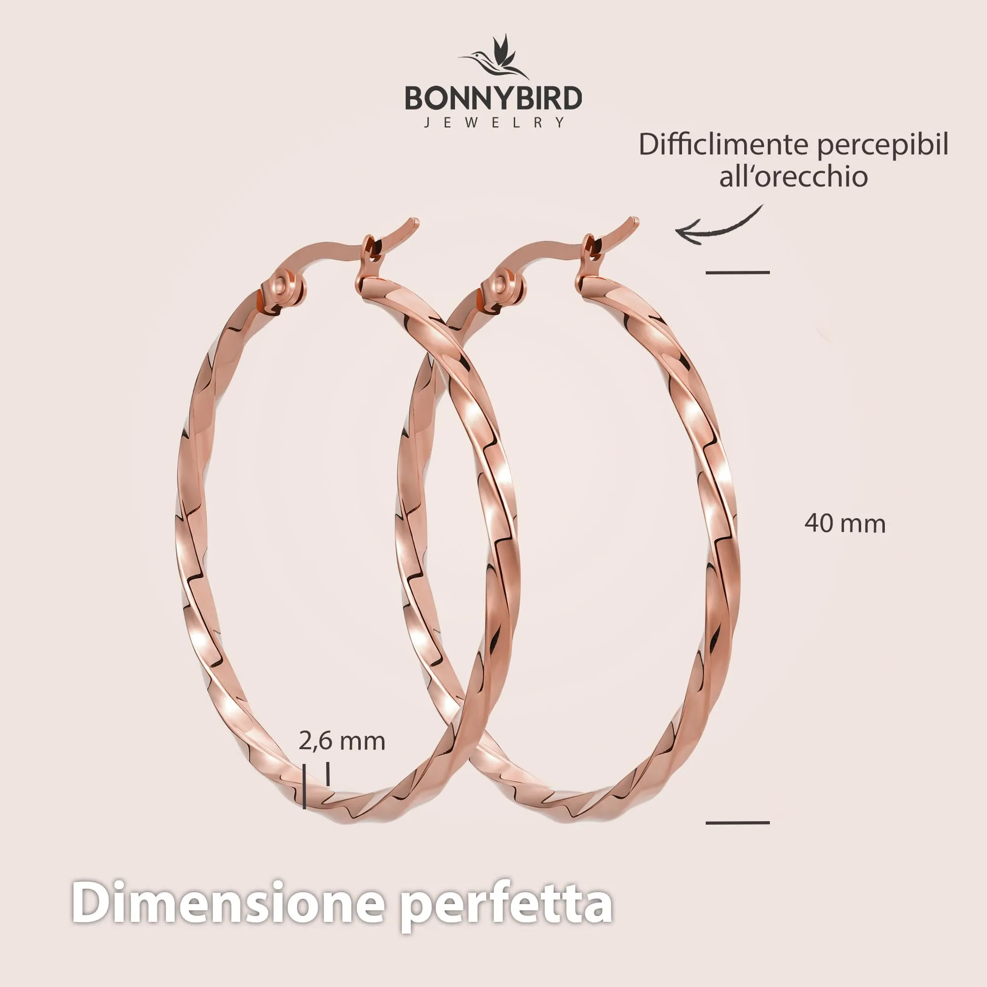 BONNYBIRD Orecchini a Cerchio Donna Oro Rosa Grandi in Acciaio Inossidabile 316L - immagine 5