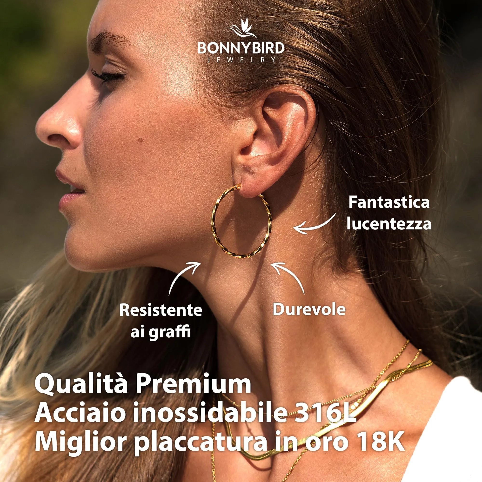 BONNYBIRD Orecchini a Cerchio Oro Grandi in Acciaio Inossidabile 316L Anallergici - immagine 2