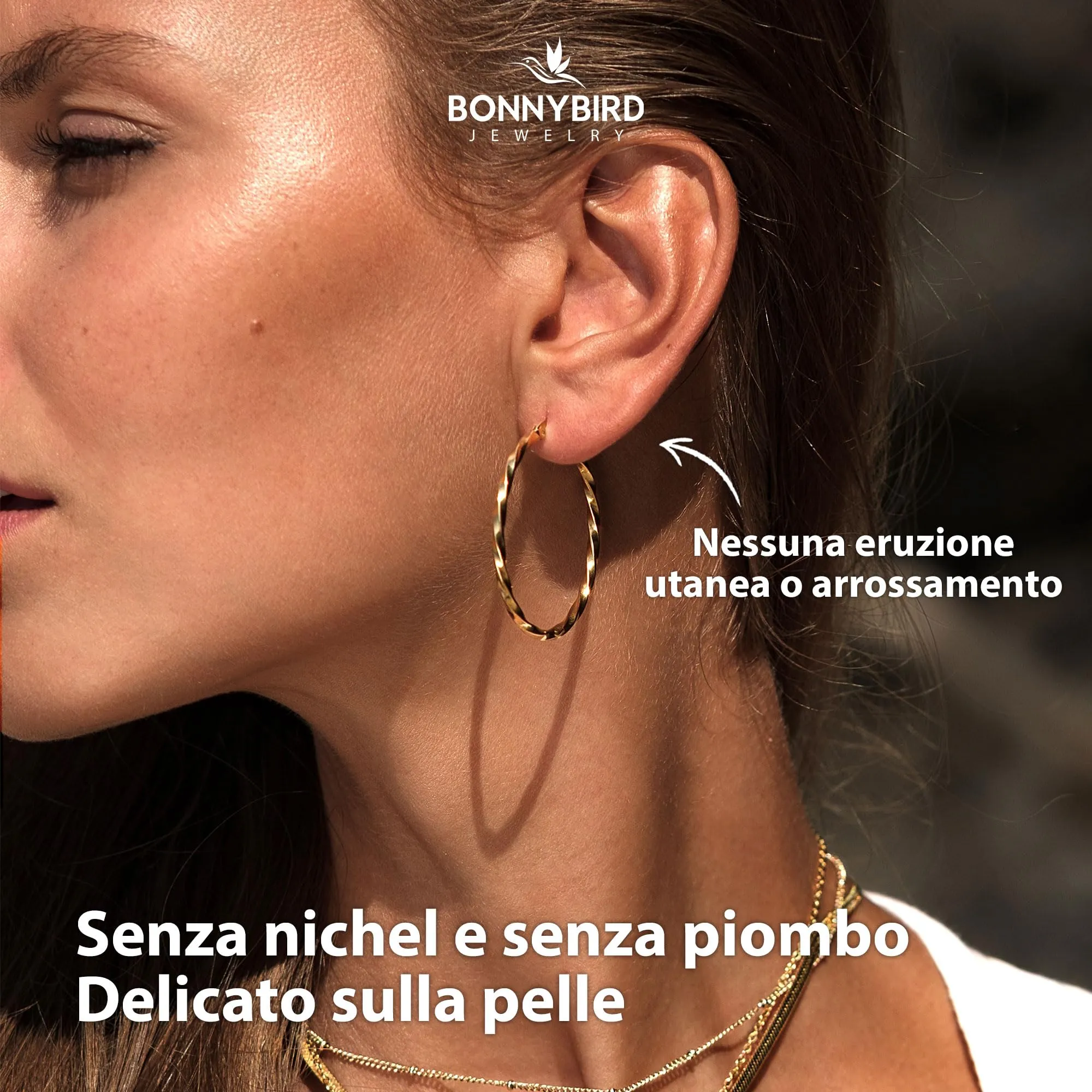 BONNYBIRD Orecchini a Cerchio Oro Grandi in Acciaio Inossidabile 316L Anallergici - immagine 3