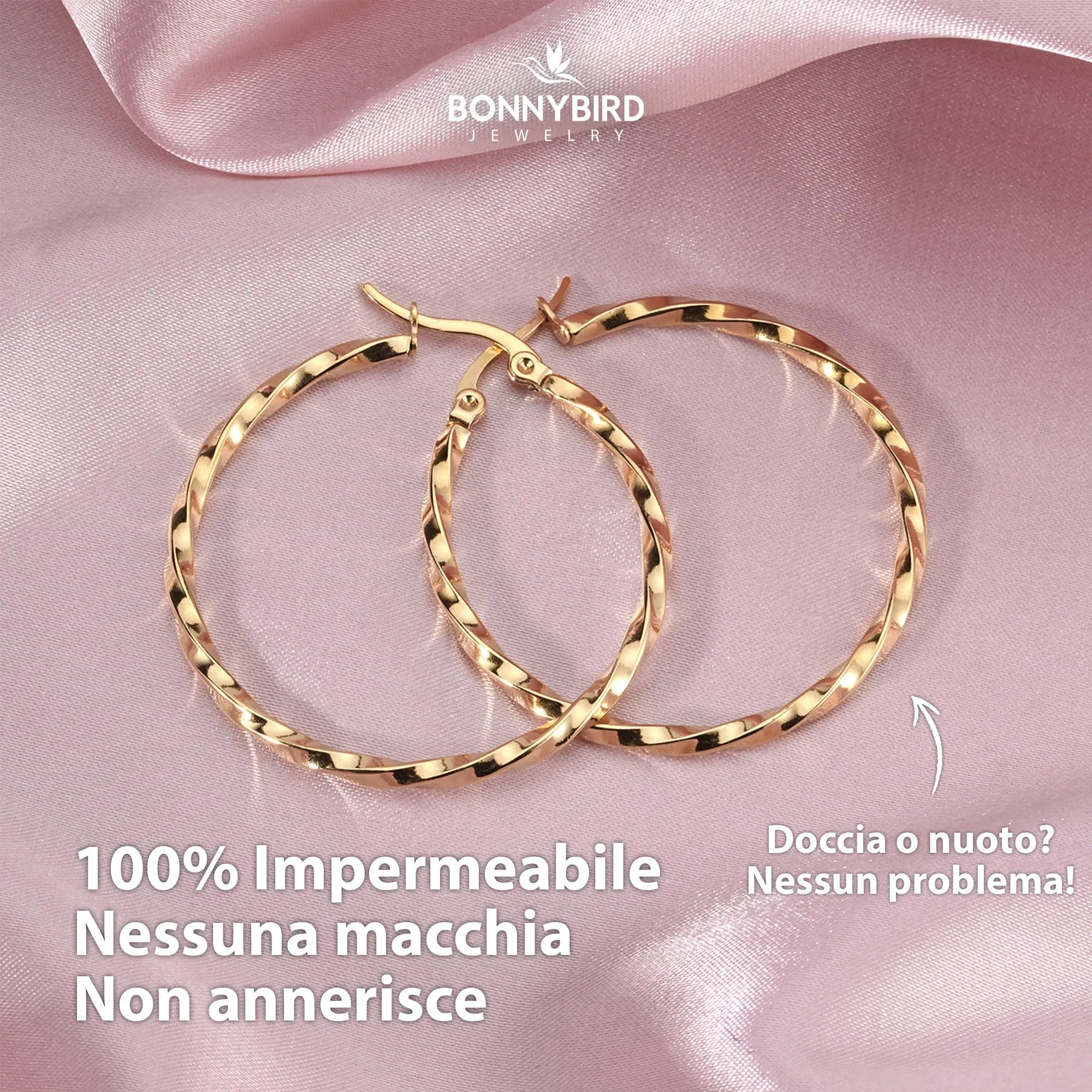 BONNYBIRD Orecchini a Cerchio Oro Grandi in Acciaio Inossidabile 316L Anallergici - immagine 4