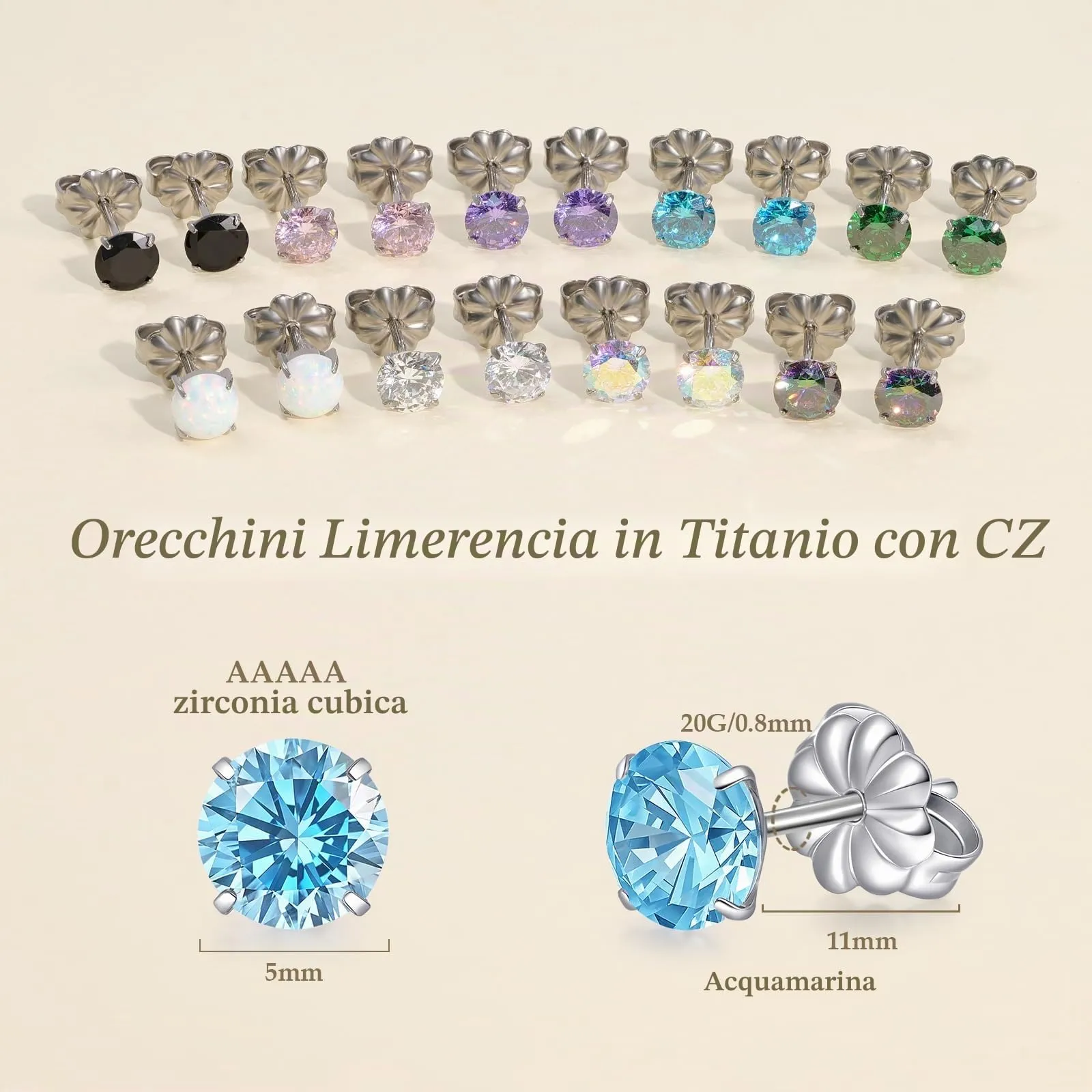 Limerencia Orecchini in Titanio G23 Anallergico con Zircone 20G Flat Back per Cartilagine e Tragus, 5 mm, Acquamarina - immagine 2