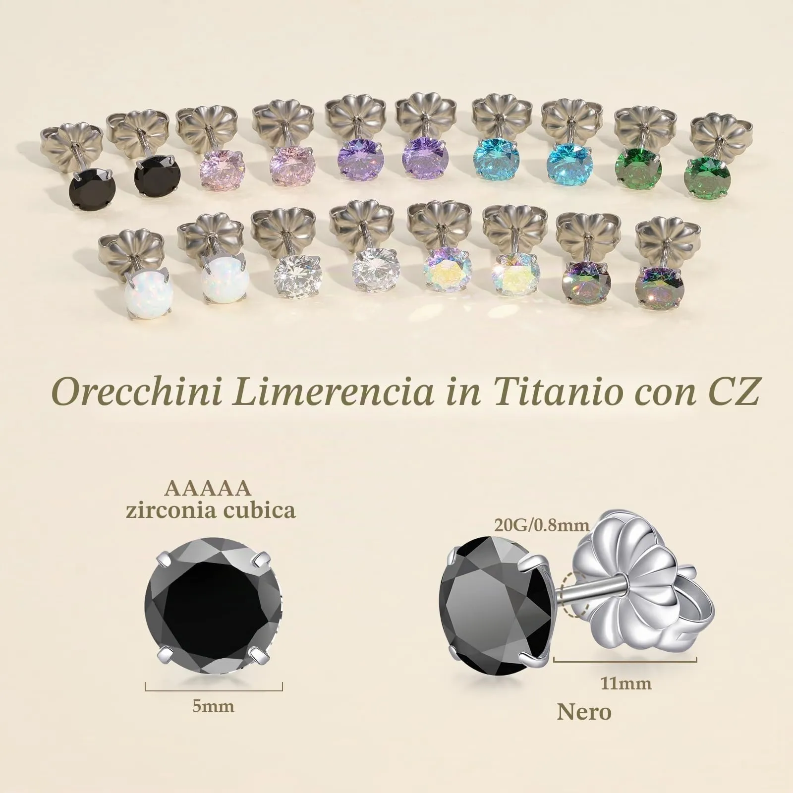 Limerencia Orecchini in Titanio G23 Anallergico con Zirconi, Flat Back per Cartilagine e Tragus, 20G, 5 mm, Nero - immagine 2