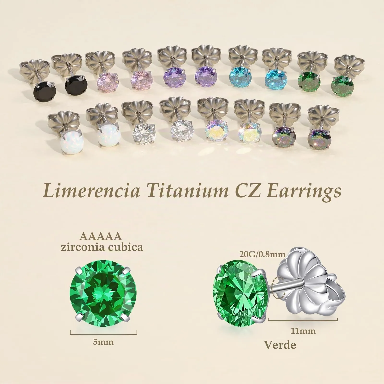 Limerencia Orecchini in Titanio G23 Anallergici con CZ, 20G Flat Back per Cartilagine e Tragus, 5 mm, Verde - immagine 2