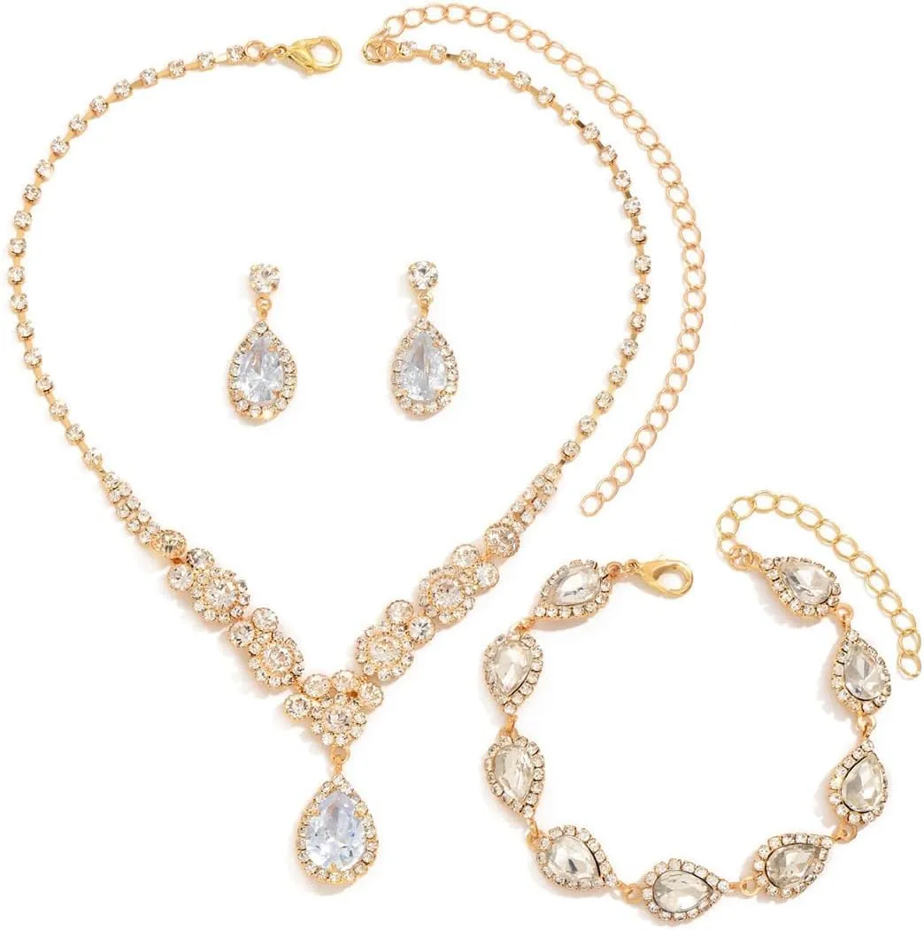 FDEETY Set di Gioielli da Sposa in Zircone con Collana, Orecchini e Braccialetto (Oro) - immagine 1