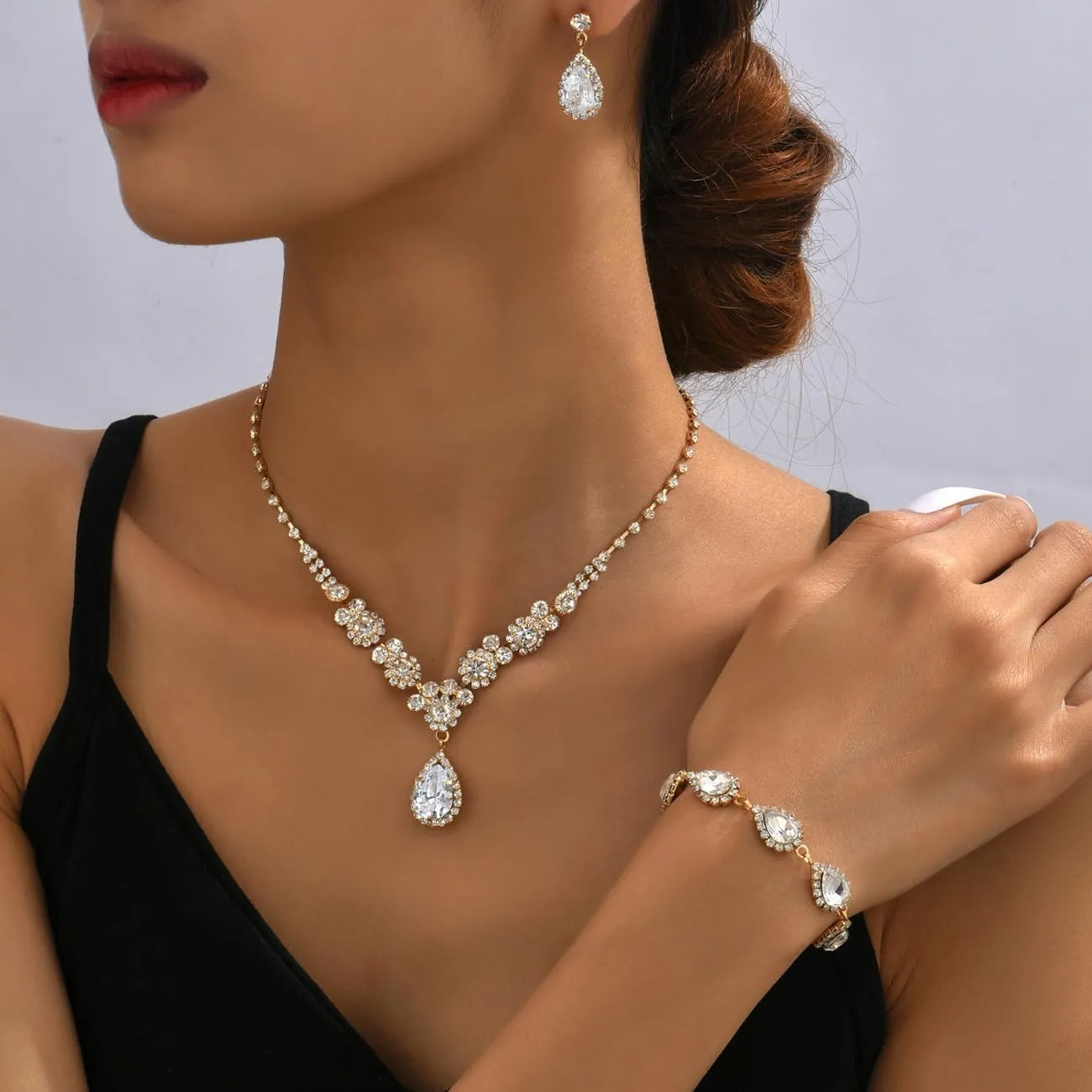 FDEETY Set di Gioielli da Sposa in Zircone con Collana, Orecchini e Braccialetto (Oro) - immagine 2