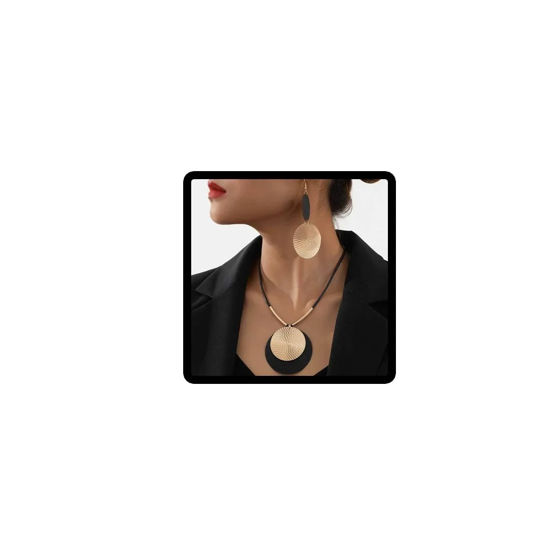 Carufin Set Collana e Orecchini Circolari Geometrici Nero e Oro - immagine 1