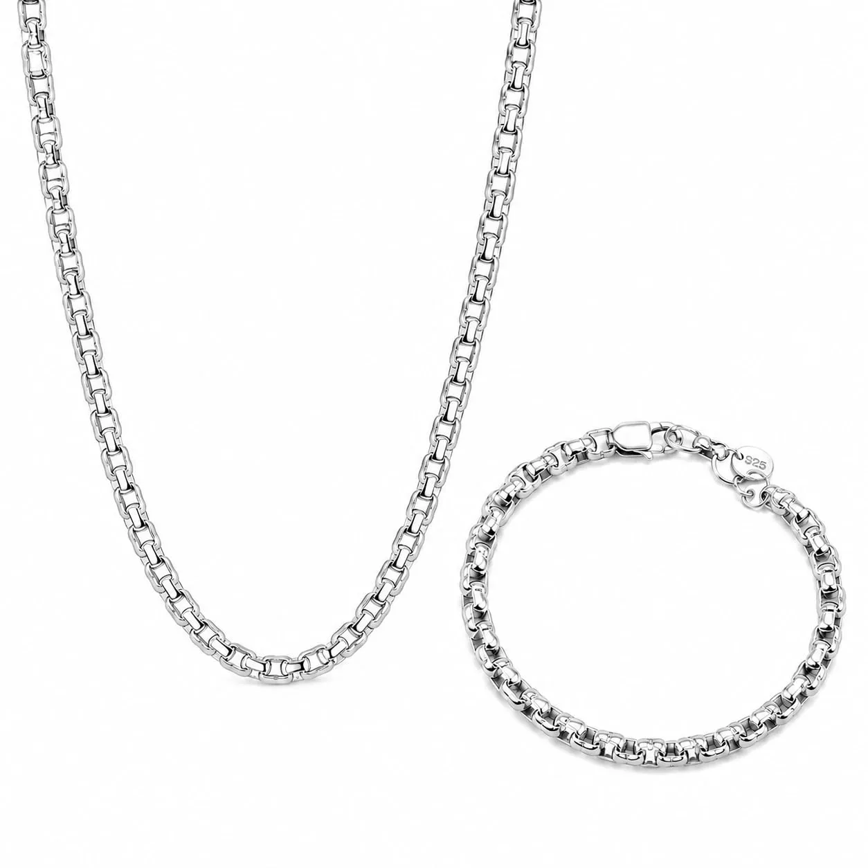 Set Collana e Bracciale Argento S925 Unisex, 50 cm + 20 cm, Maglia Geometrica - immagine 1
