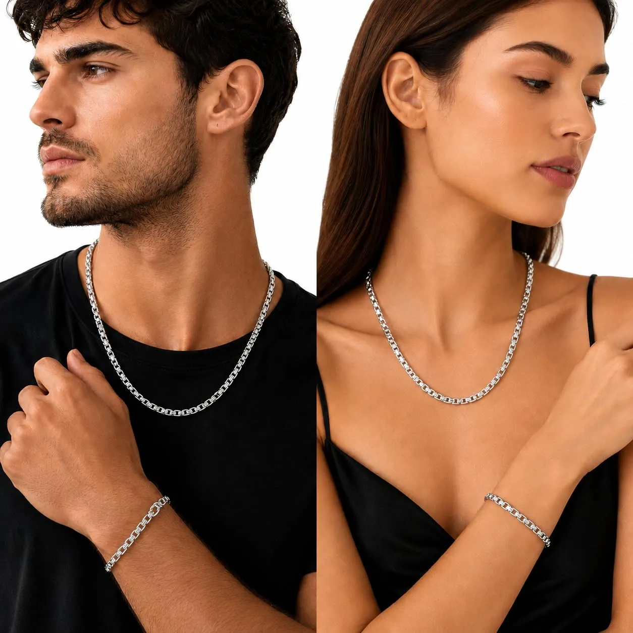 Set Collana e Bracciale Argento S925 Unisex, 50 cm + 20 cm, Maglia Geometrica - immagine 2