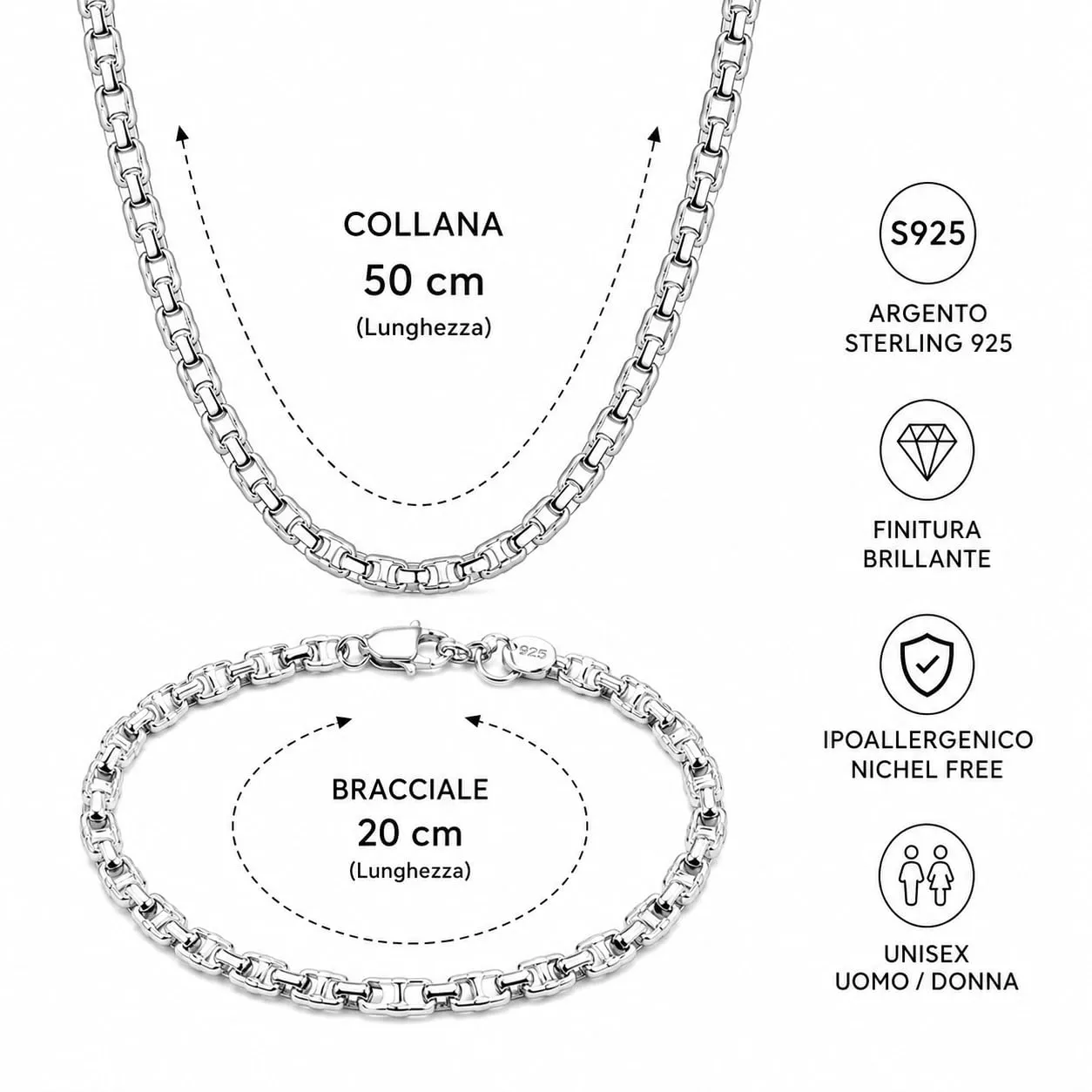 Set Collana e Bracciale Argento S925 Unisex, 50 cm + 20 cm, Maglia Geometrica - immagine 3