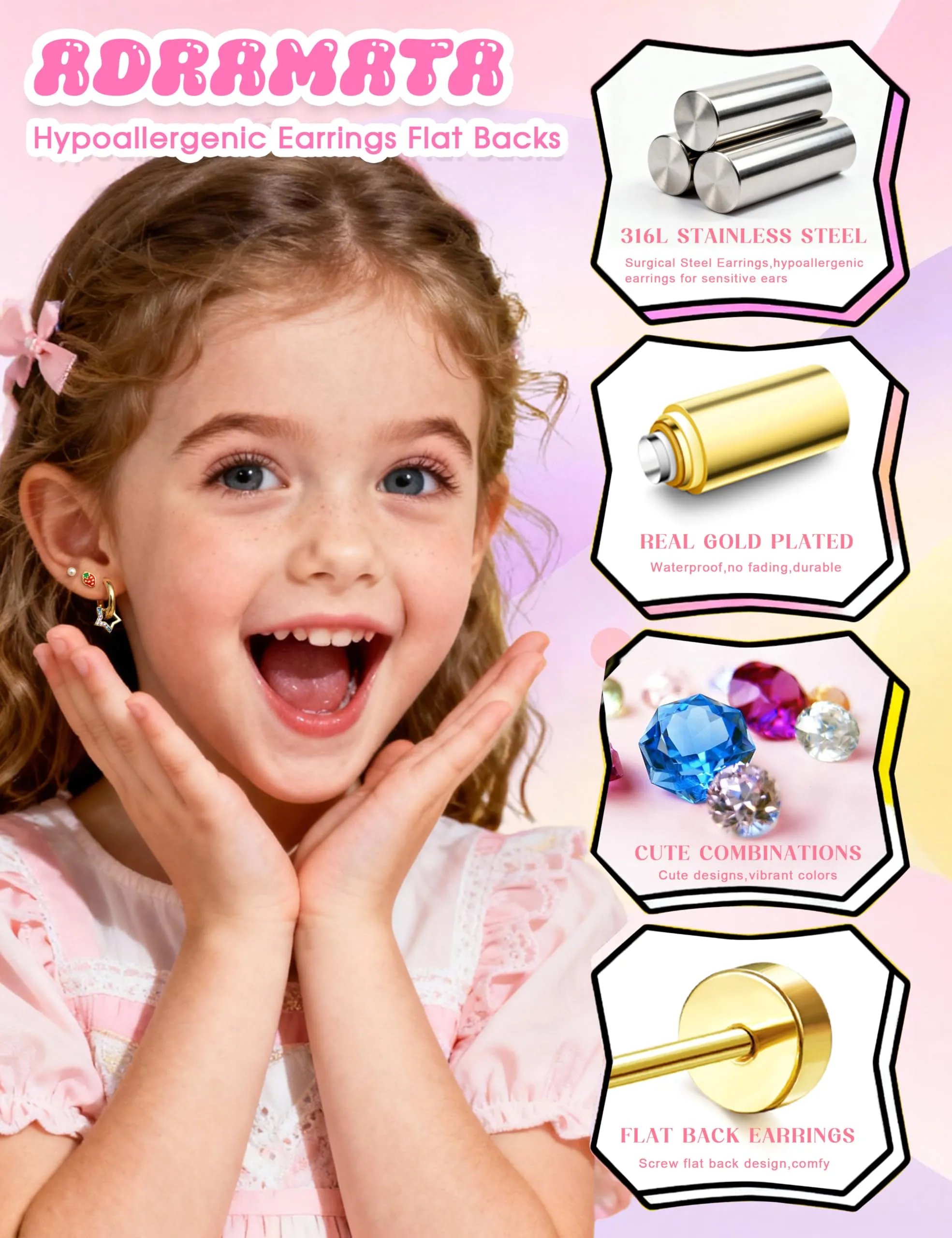 Adramata Set di 10 Paia di Orecchini in Acciaio Inossidabile per Bambina - immagine 2