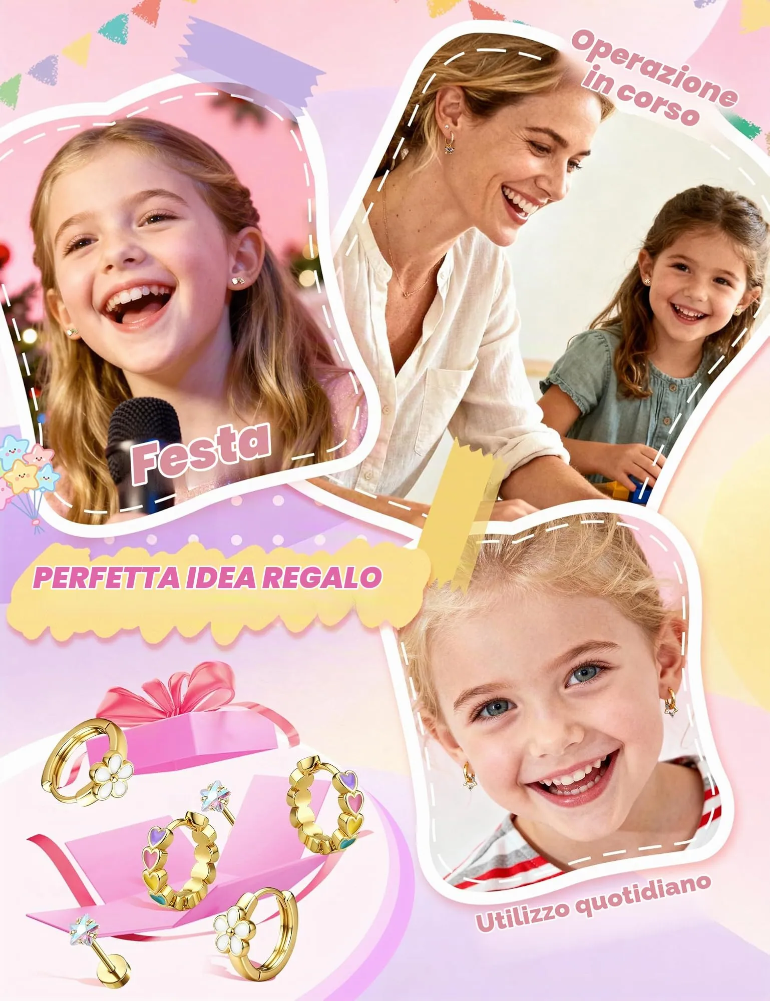 Adramata Set di 10 Paia di Orecchini in Acciaio Inossidabile per Bambina - immagine 6