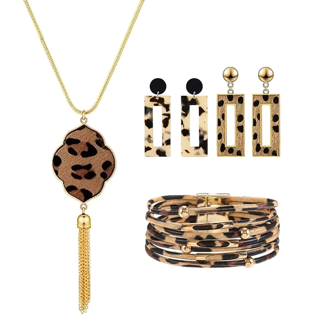 Bcenoilua Set di Gioielli Bohémien Leopardo con Collana, Braccialetto in Pelle Multistrato e Orecchini Pendenti - Oro-B - immagine 1