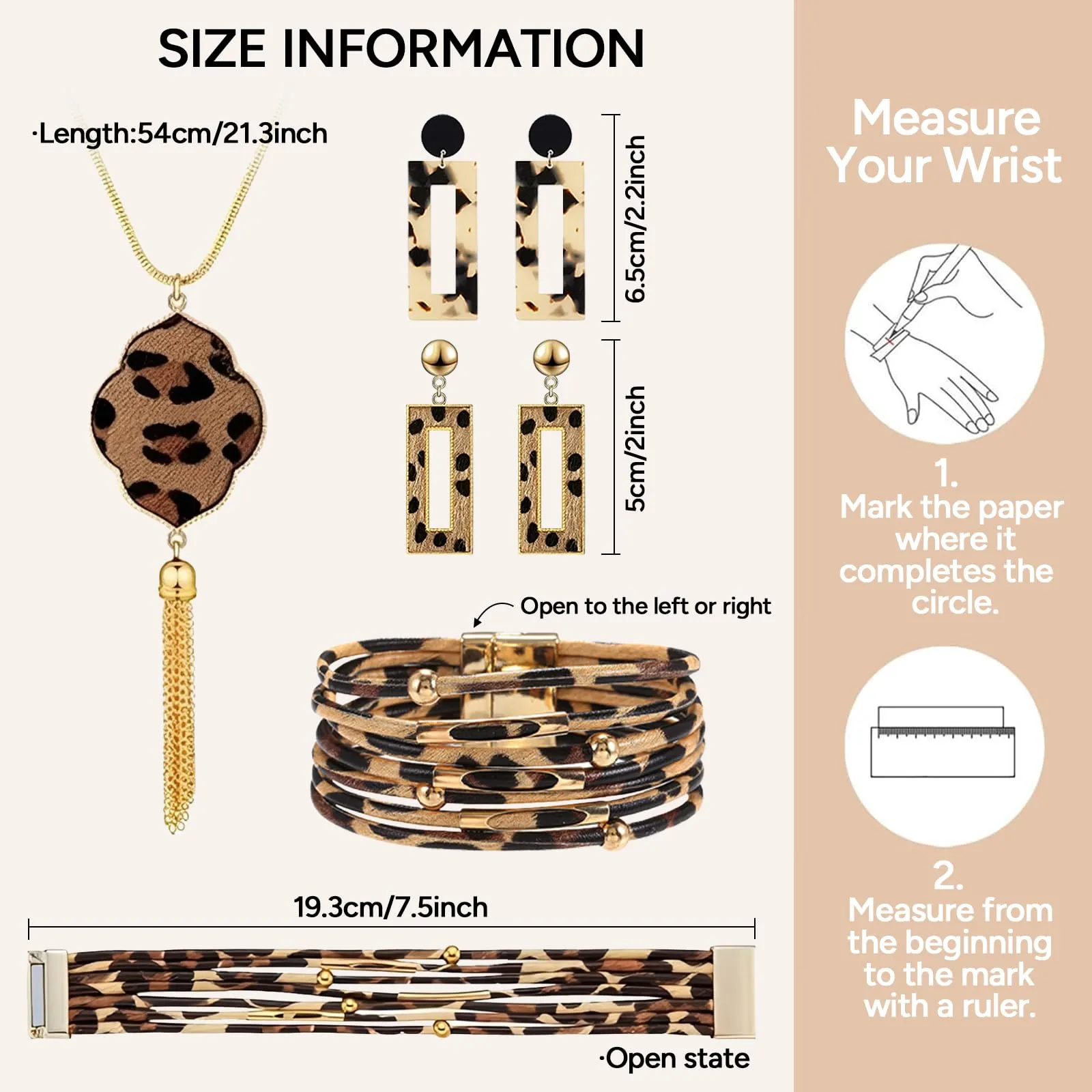 Bcenoilua Set di Gioielli Bohémien Leopardo con Collana, Braccialetto in Pelle Multistrato e Orecchini Pendenti - Oro-B - immagine 2