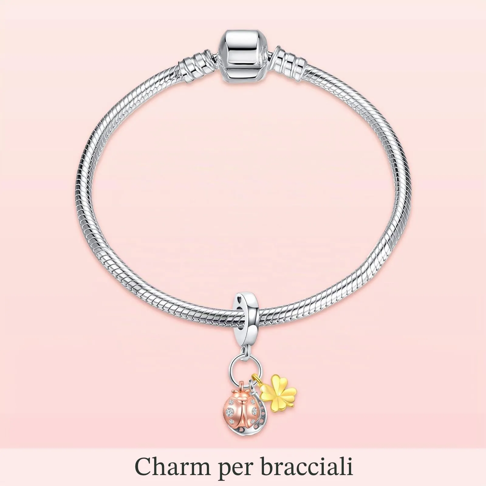 Annmors Ciondolo Ferro di Cavallo, Trifoglio e Coccinella in Argento 925 e Zirconia Cubica per Bracciale Charm - immagine 2