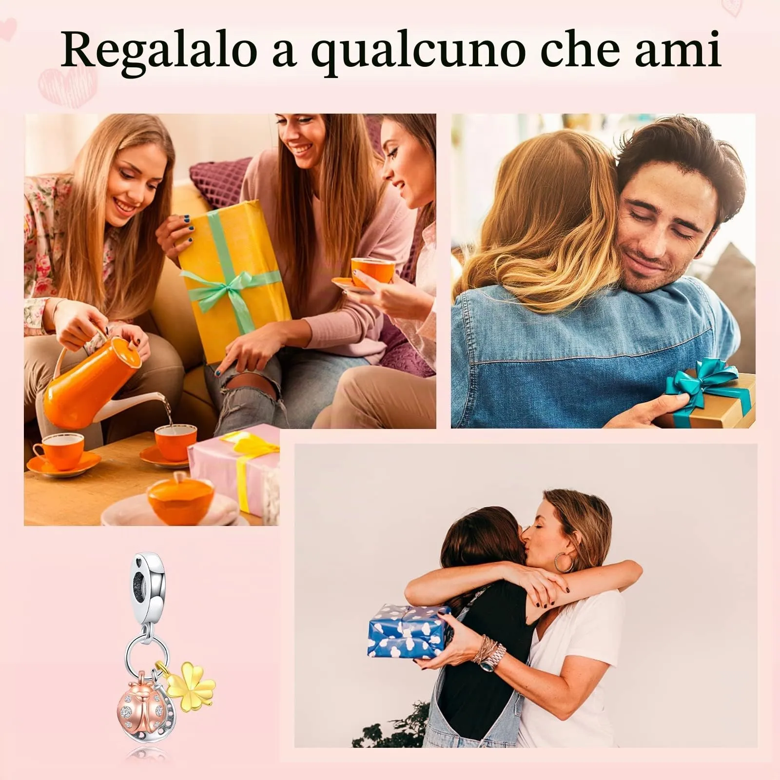 Annmors Ciondolo Ferro di Cavallo, Trifoglio e Coccinella in Argento 925 e Zirconia Cubica per Bracciale Charm - immagine 3