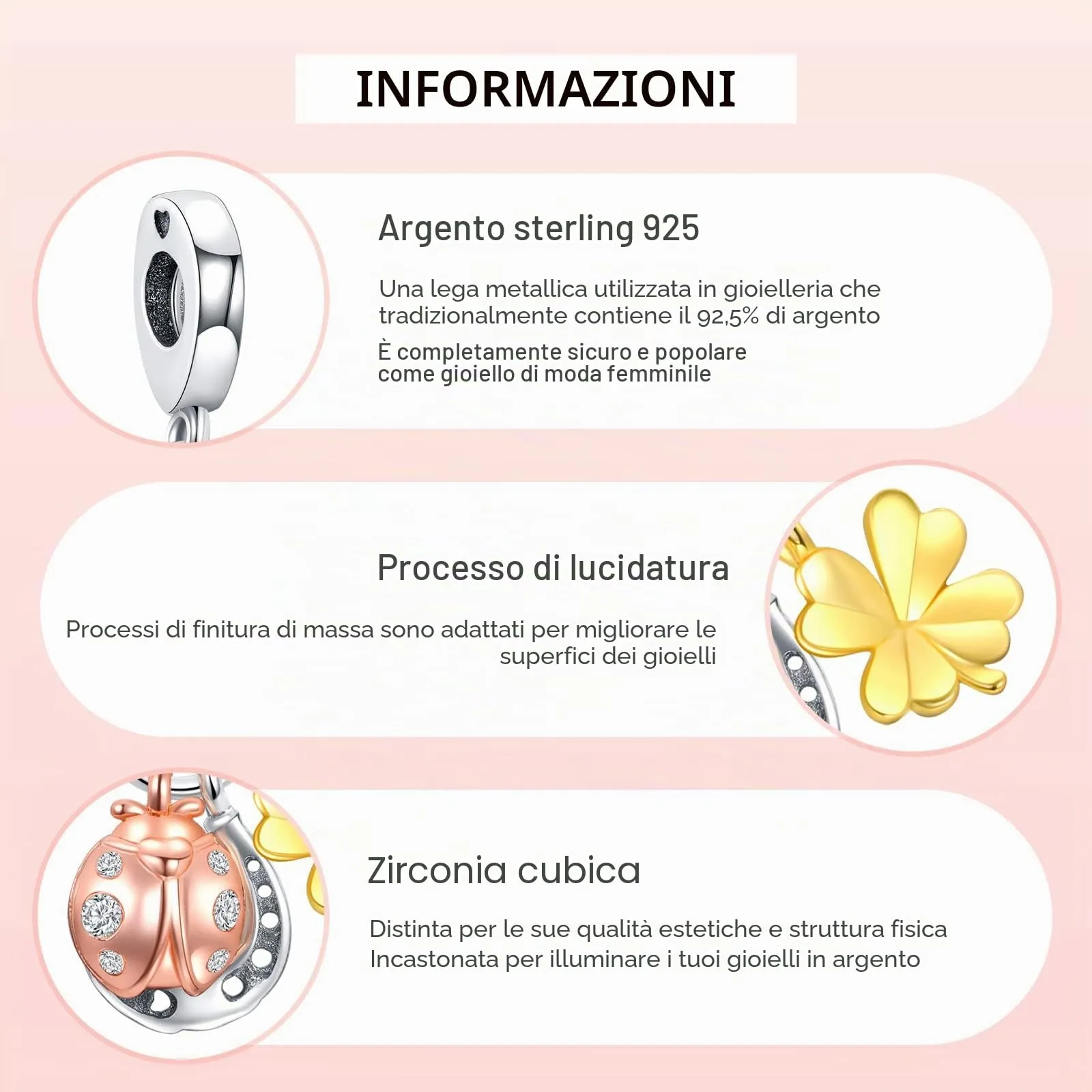 Annmors Ciondolo Ferro di Cavallo, Trifoglio e Coccinella in Argento 925 e Zirconia Cubica per Bracciale Charm - immagine 4