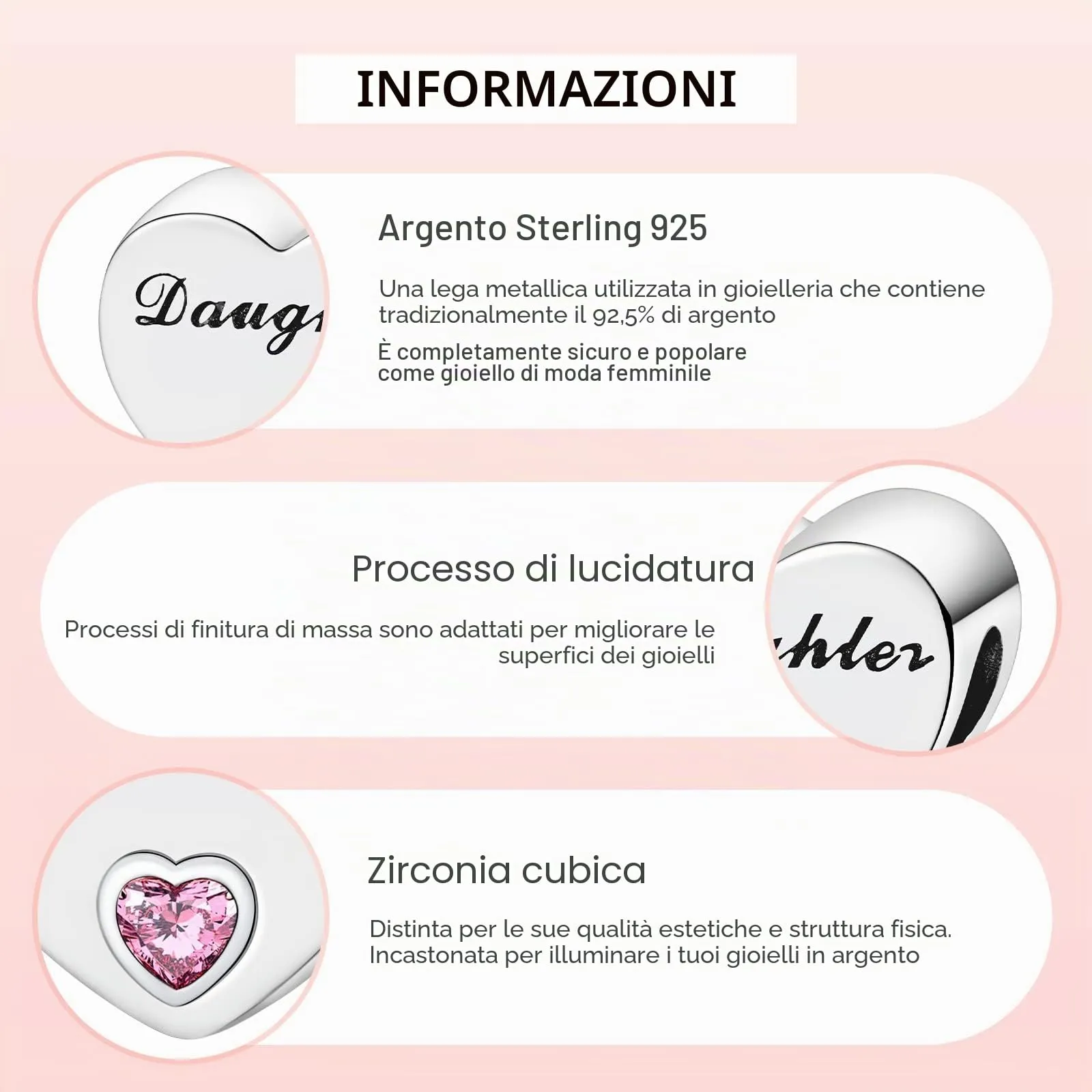 Annmors Ciondolo a Cuore Figlia in Argento 925 con Zirconia Cubica per Bracciale Charm - immagine 4