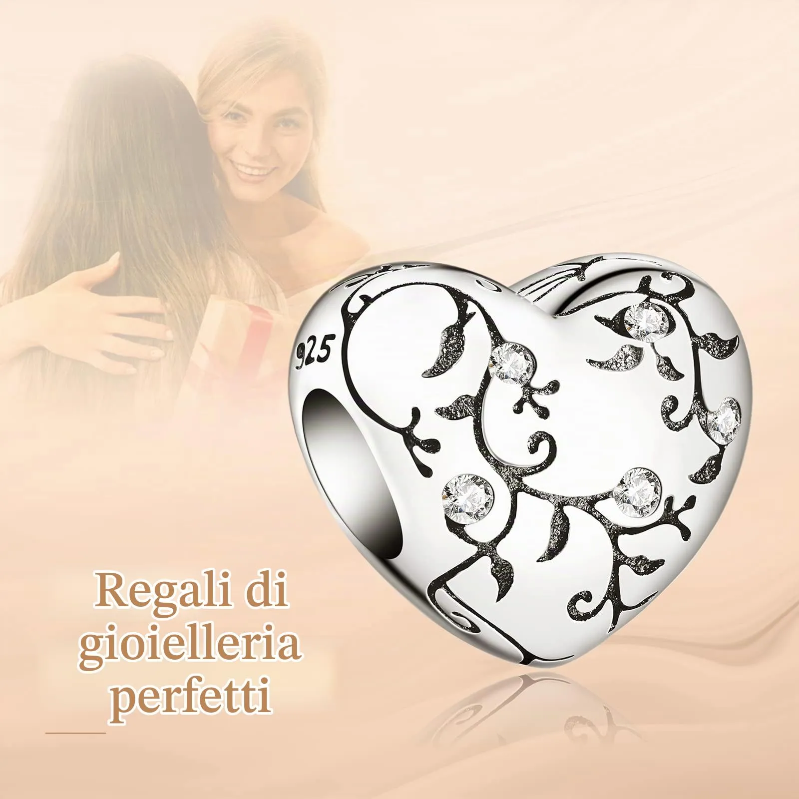 Annmors Heart Flower Bead Charm in 925 Sterling Silver and Cubic Zirconia - immagine 6