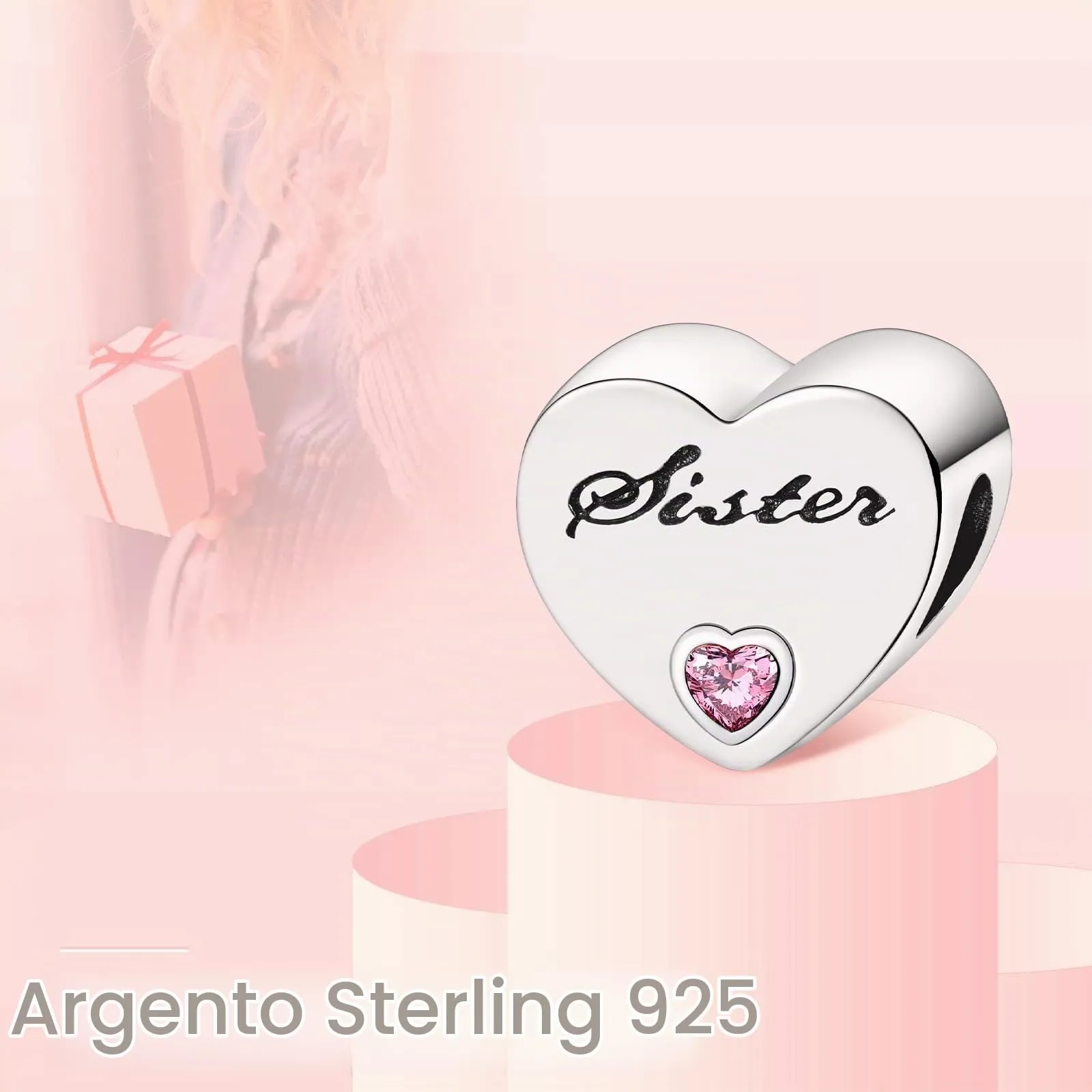 Annmors Ciondolo a Cuore Sorella in Argento 925 con Zirconia Cubica per Bracciale Charm - immagine 2