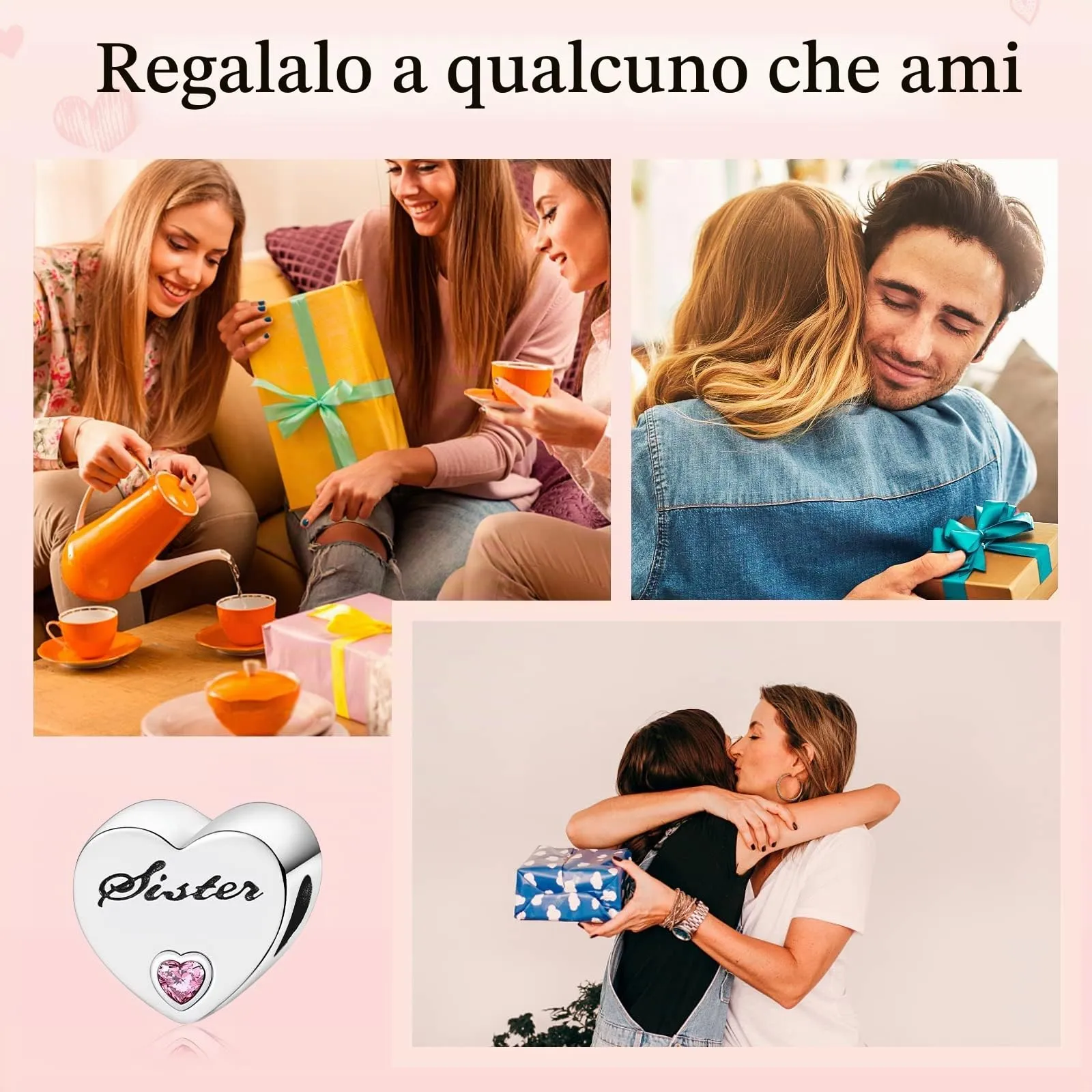 Annmors Ciondolo a Cuore Sorella in Argento 925 con Zirconia Cubica per Bracciale Charm - immagine 4