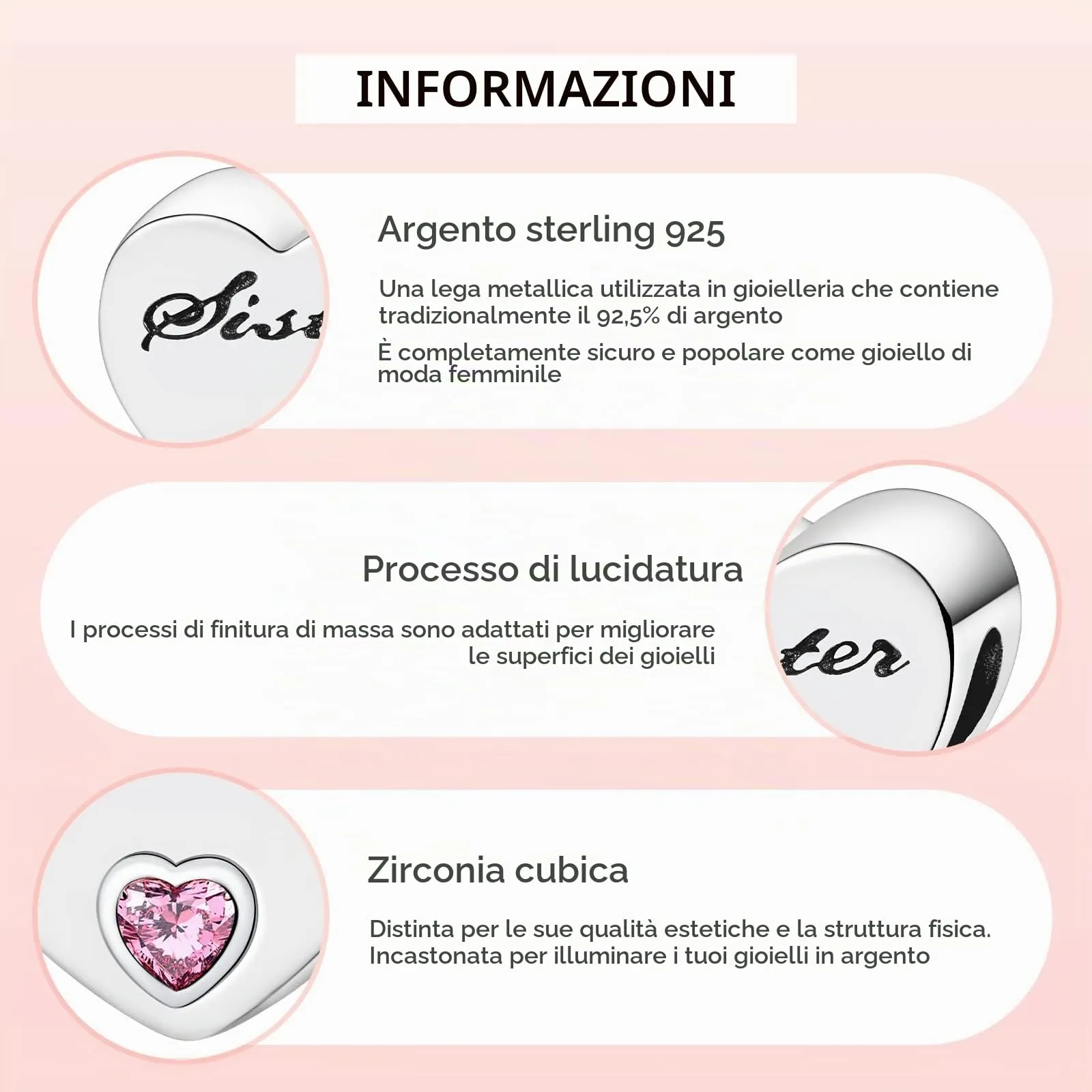 Annmors Ciondolo a Cuore Sorella in Argento 925 con Zirconia Cubica per Bracciale Charm - immagine 5