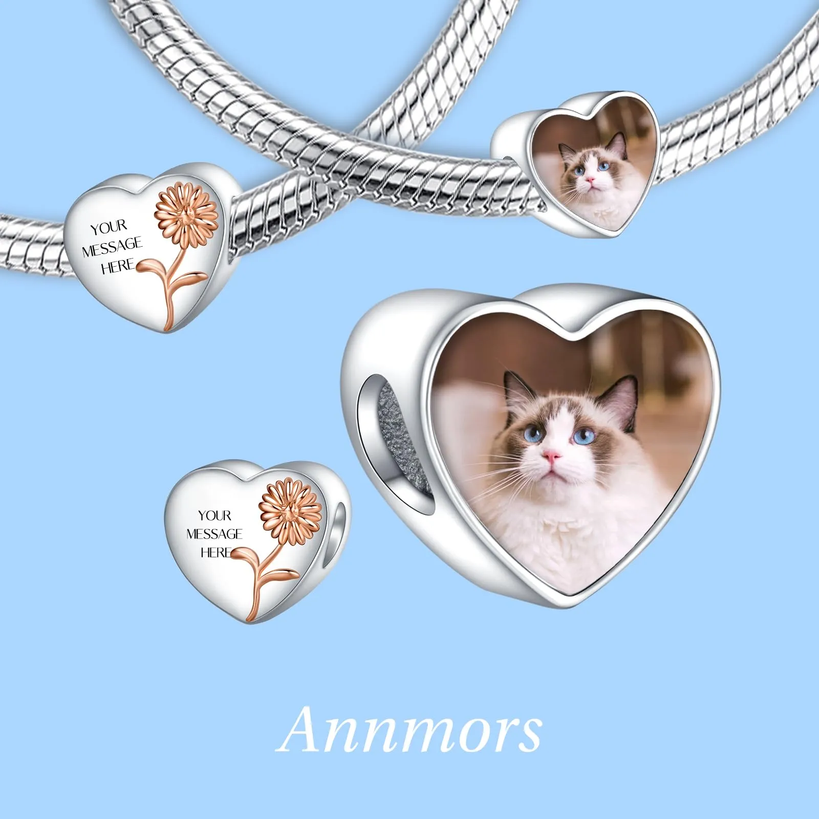 Annmors Ciondoli Bead Argento 925 a Forma di Cuore Personalizzati April Daisy per Bracciali e Collane - immagine 2
