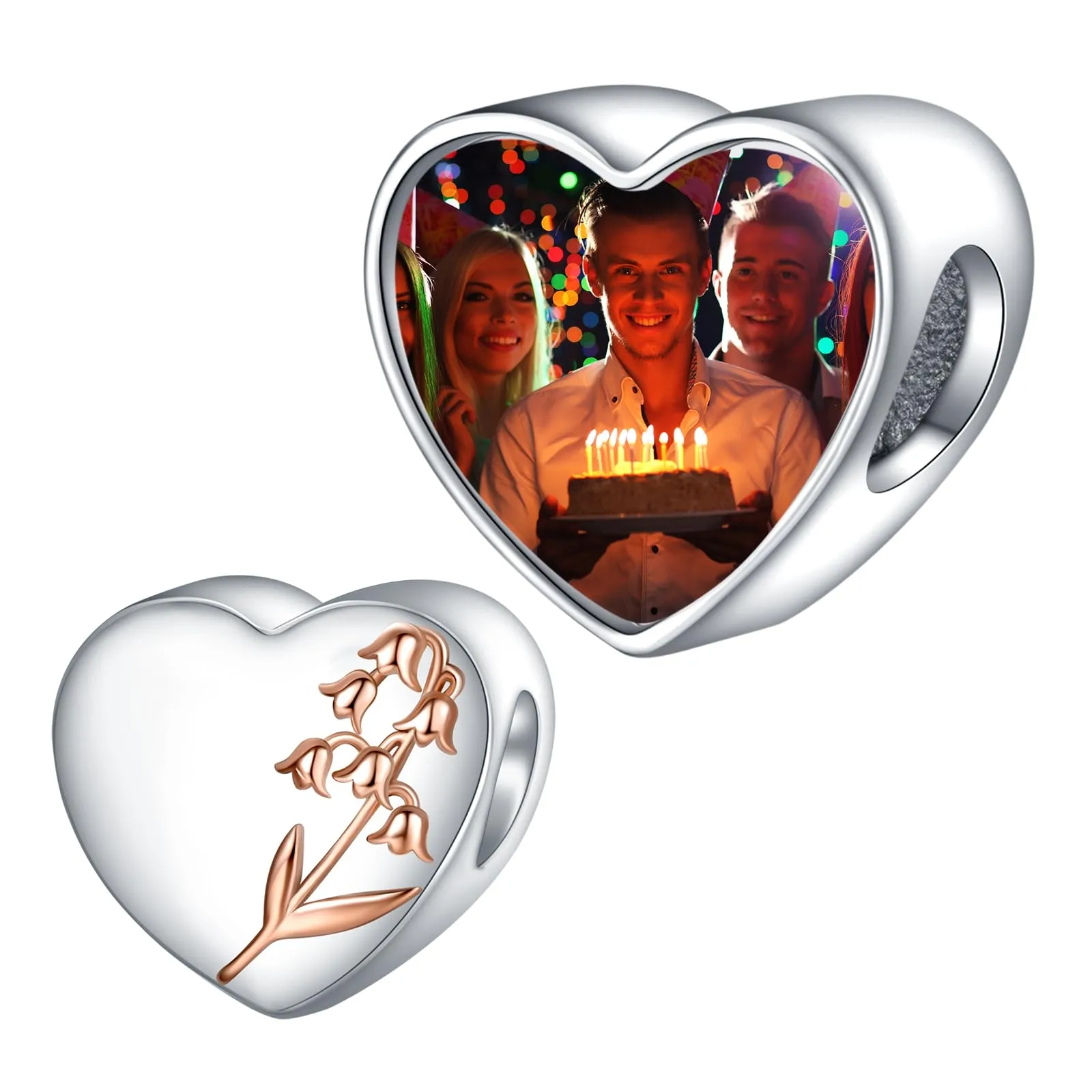 Annmors Ciondoli Bead Argento 925 a Forma di Cuore Personalizzabili con Foto May Lily of the Valley - immagine 1