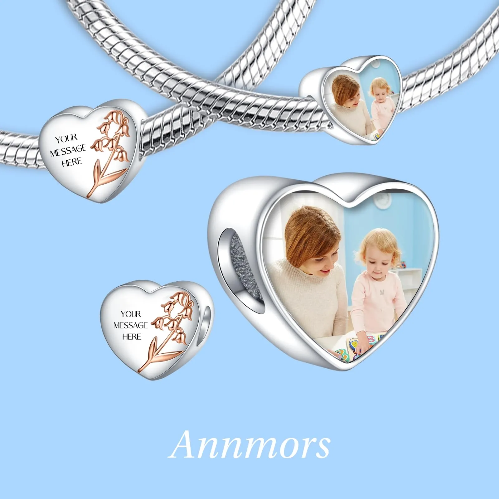 Annmors Ciondoli Bead Argento 925 a Forma di Cuore Personalizzabili con Foto May Lily of the Valley - immagine 2