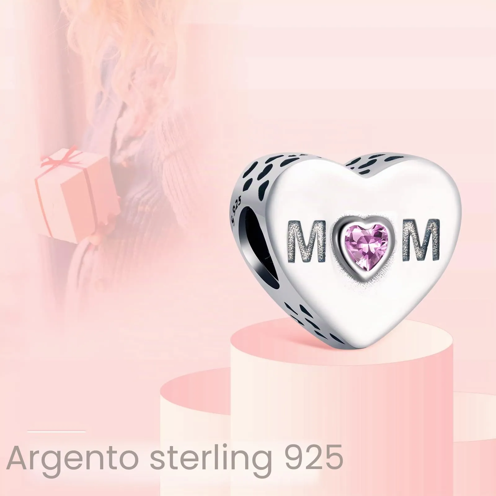 Annmors Ciondolo a Cuore Rosa Mamma in Argento 925 e Zirconia Cubica per Bracciale Charm - immagine 2