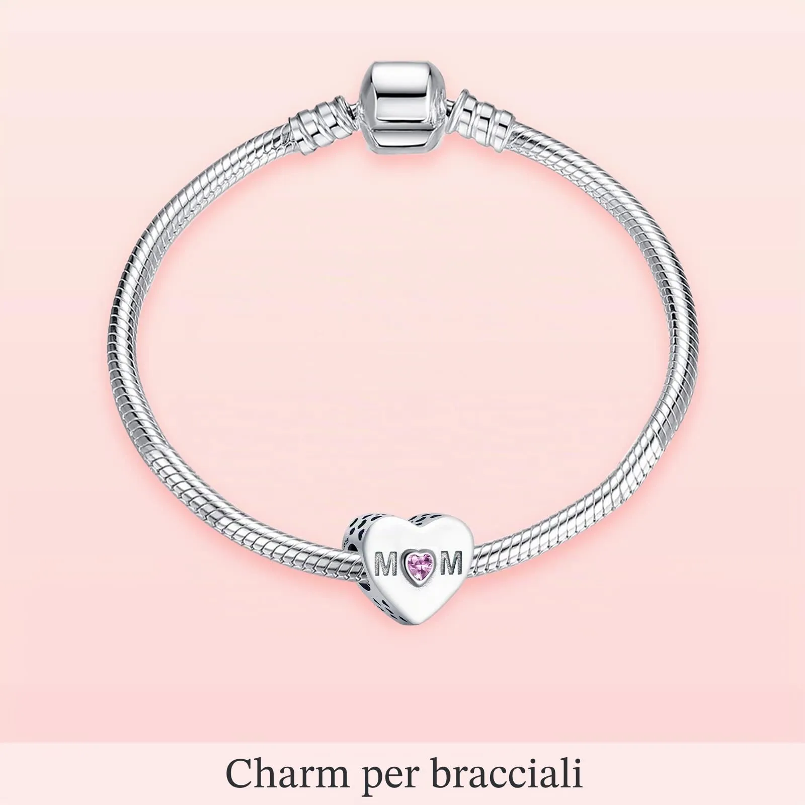 Annmors Ciondolo a Cuore Rosa Mamma in Argento 925 e Zirconia Cubica per Bracciale Charm - immagine 3