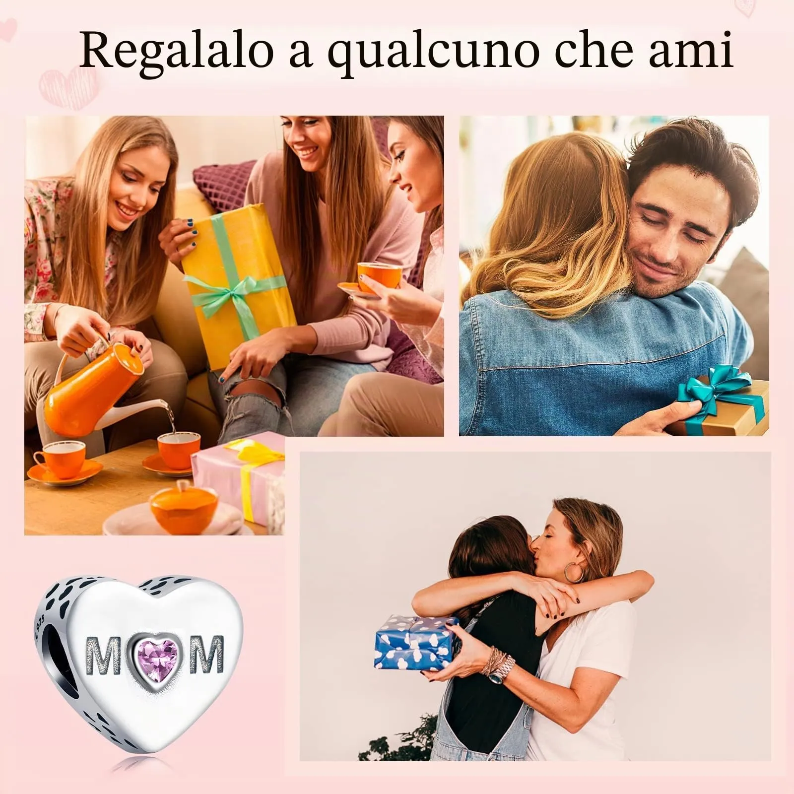Annmors Ciondolo a Cuore Rosa Mamma in Argento 925 e Zirconia Cubica per Bracciale Charm - immagine 4