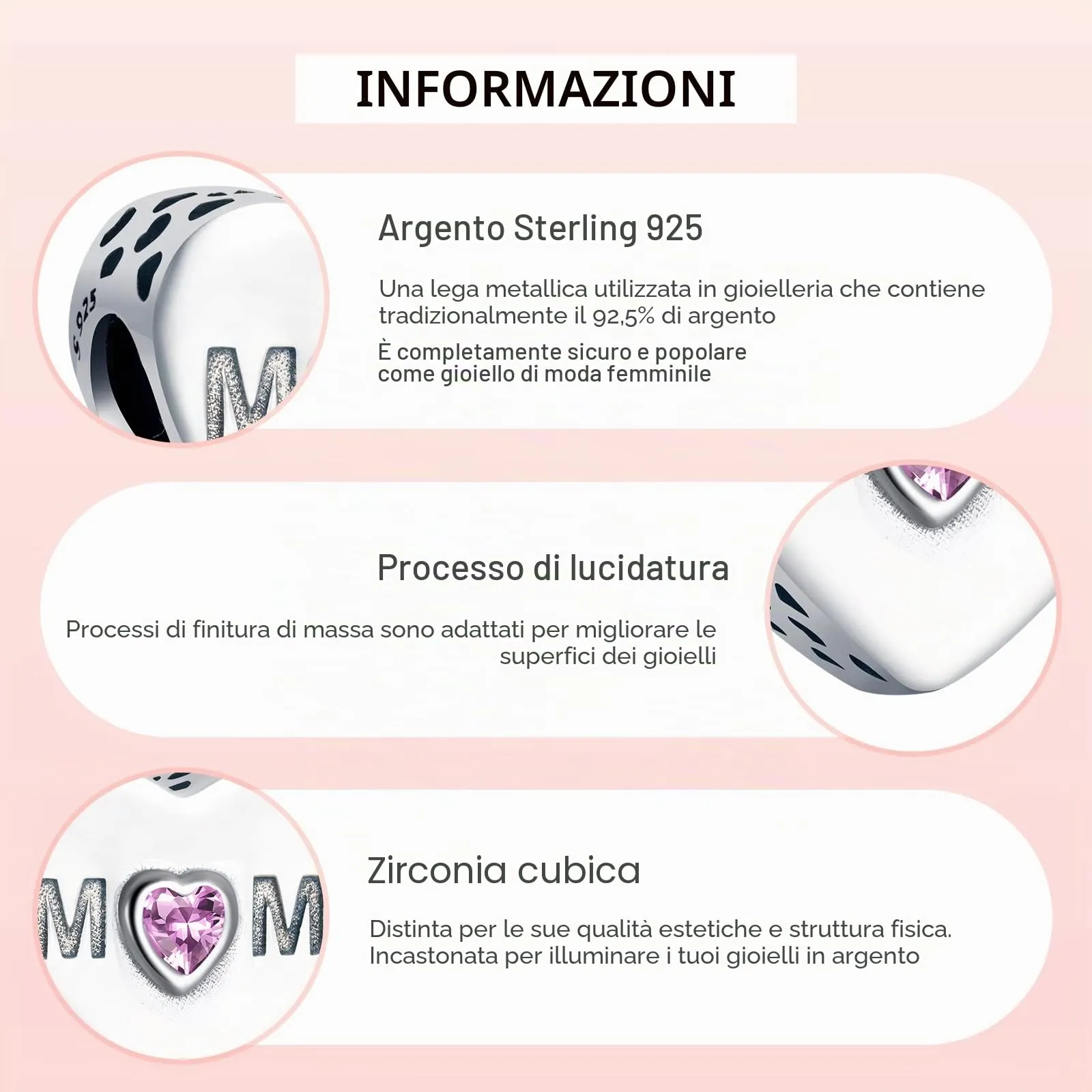 Annmors Ciondolo a Cuore Rosa Mamma in Argento 925 e Zirconia Cubica per Bracciale Charm - immagine 5