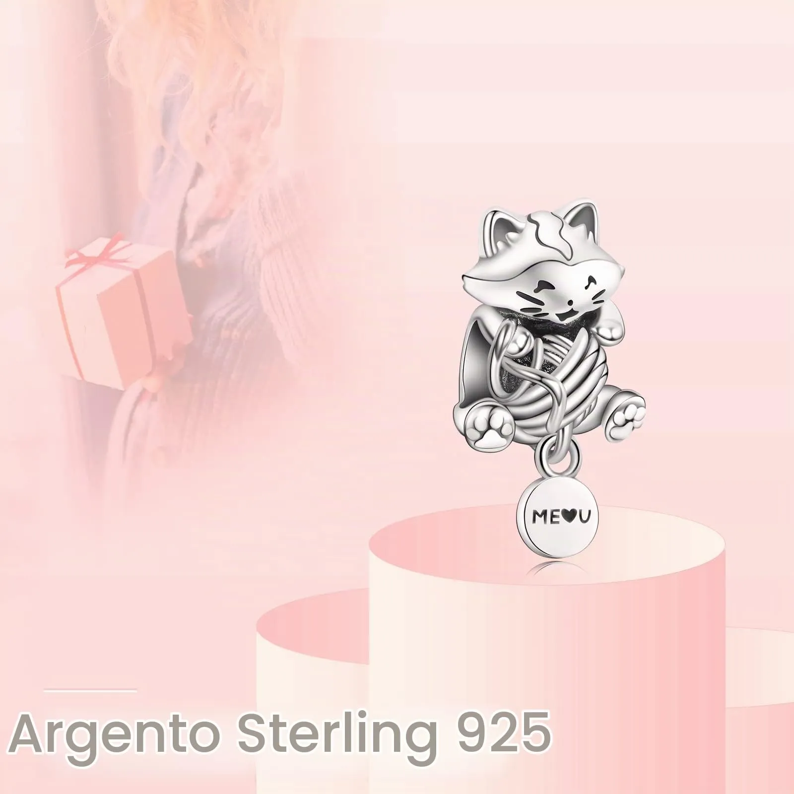 Annmors Ciondolo Gattino e Gomitolo in Argento 925 per Bracciale e Collana - immagine 2