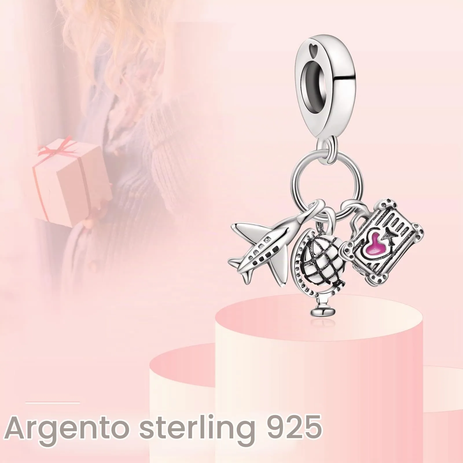 Annmors Ciondolo Aereo, Globo e Valigia in Argento 925 con Zirconia Cubica per Bracciale Charm - immagine 2