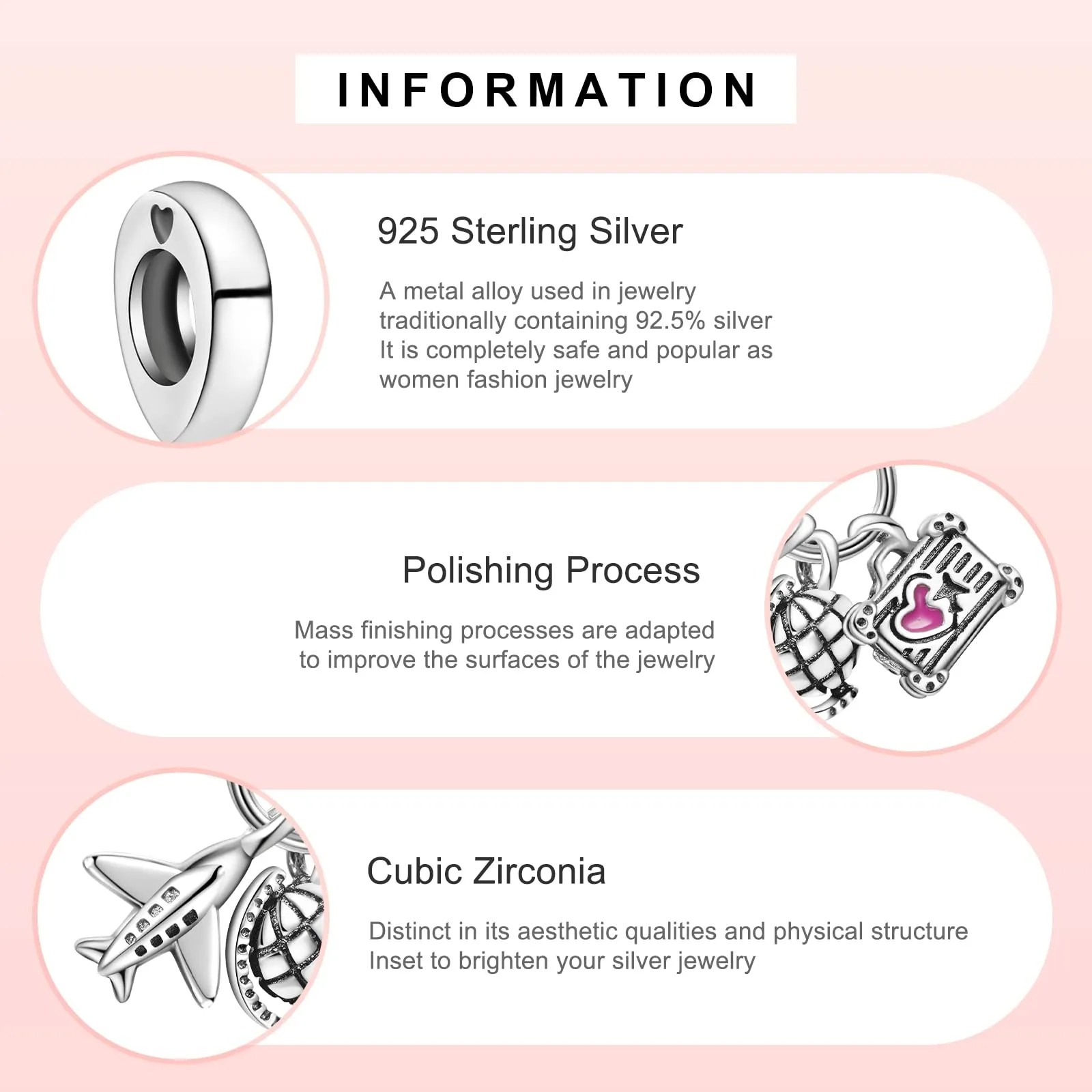 Annmors Ciondolo Aereo, Globo e Valigia in Argento 925 con Zirconia Cubica per Bracciale Charm - immagine 3