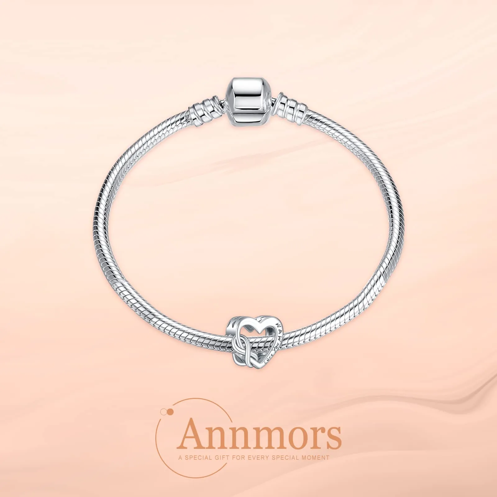 Annmors Love Mom Bead Charms, 925 Sterling Silver Cubic Zirconia Pendant for European Bracelets and Necklaces - immagine 2