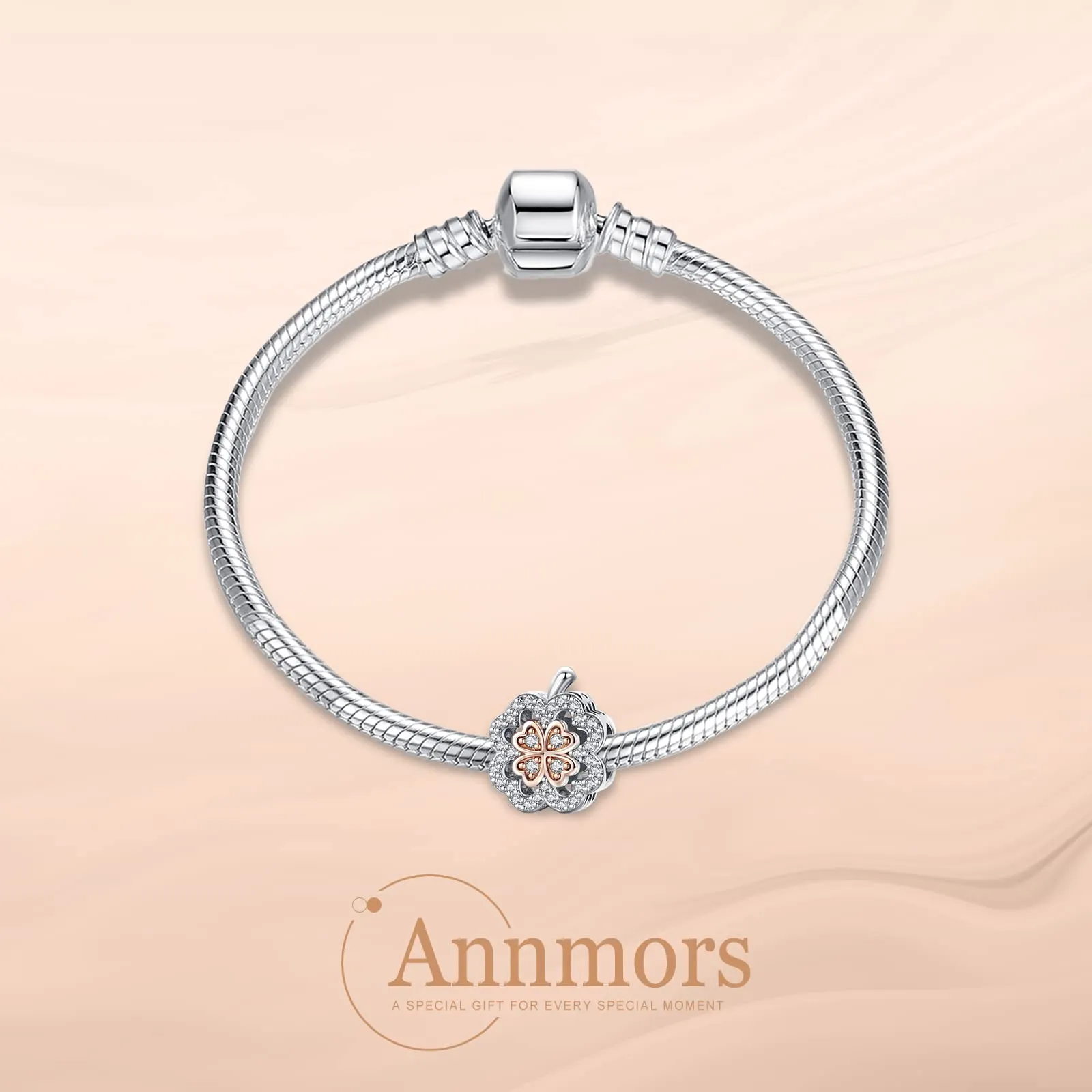 Annmors Four Leaf Clover Apple Charm in 925 Sterling Silver for European Bracelets and Necklaces - immagine 2