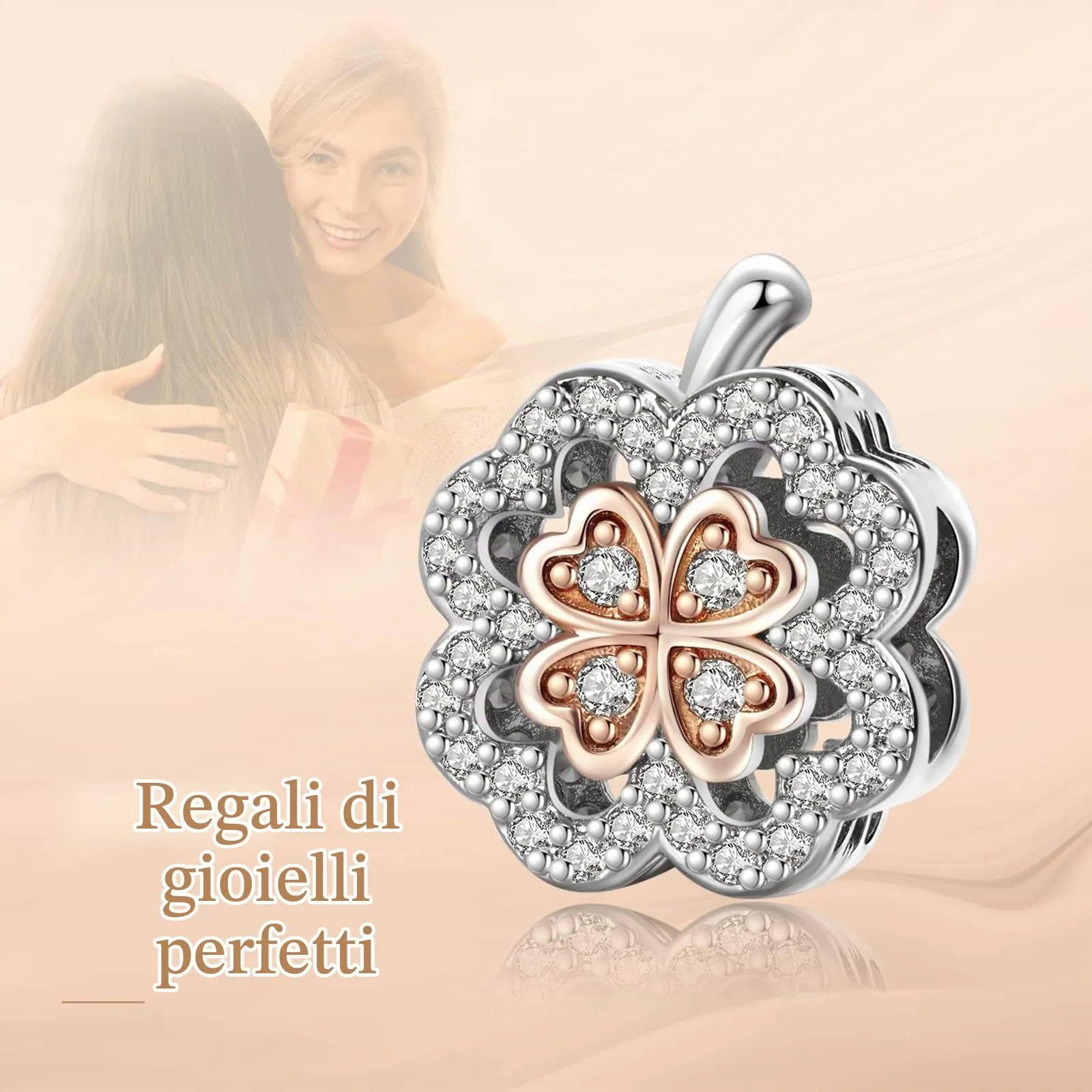 Annmors Four Leaf Clover Apple Charm in 925 Sterling Silver for European Bracelets and Necklaces - immagine 3