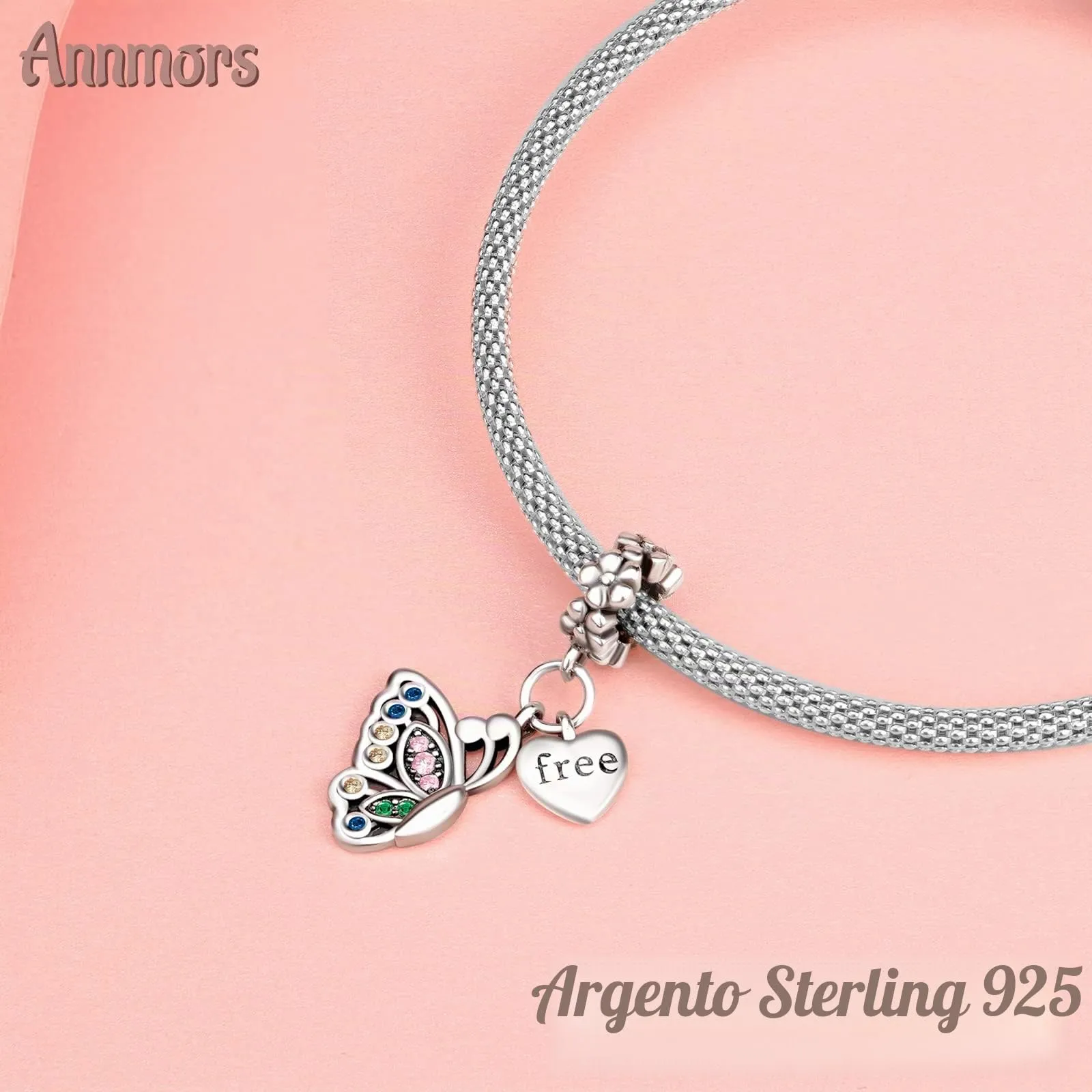 Annmors Ciondolo in Argento Sterling 925 Farfalla con Zirconi Cubici per Braccialetti e Collane Europei - immagine 2