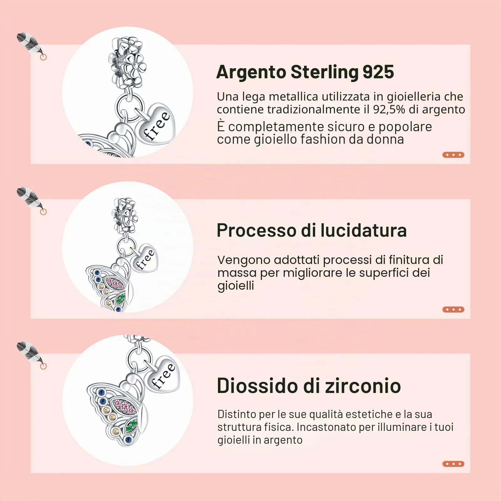 Annmors Ciondolo in Argento Sterling 925 Farfalla con Zirconi Cubici per Braccialetti e Collane Europei - immagine 3