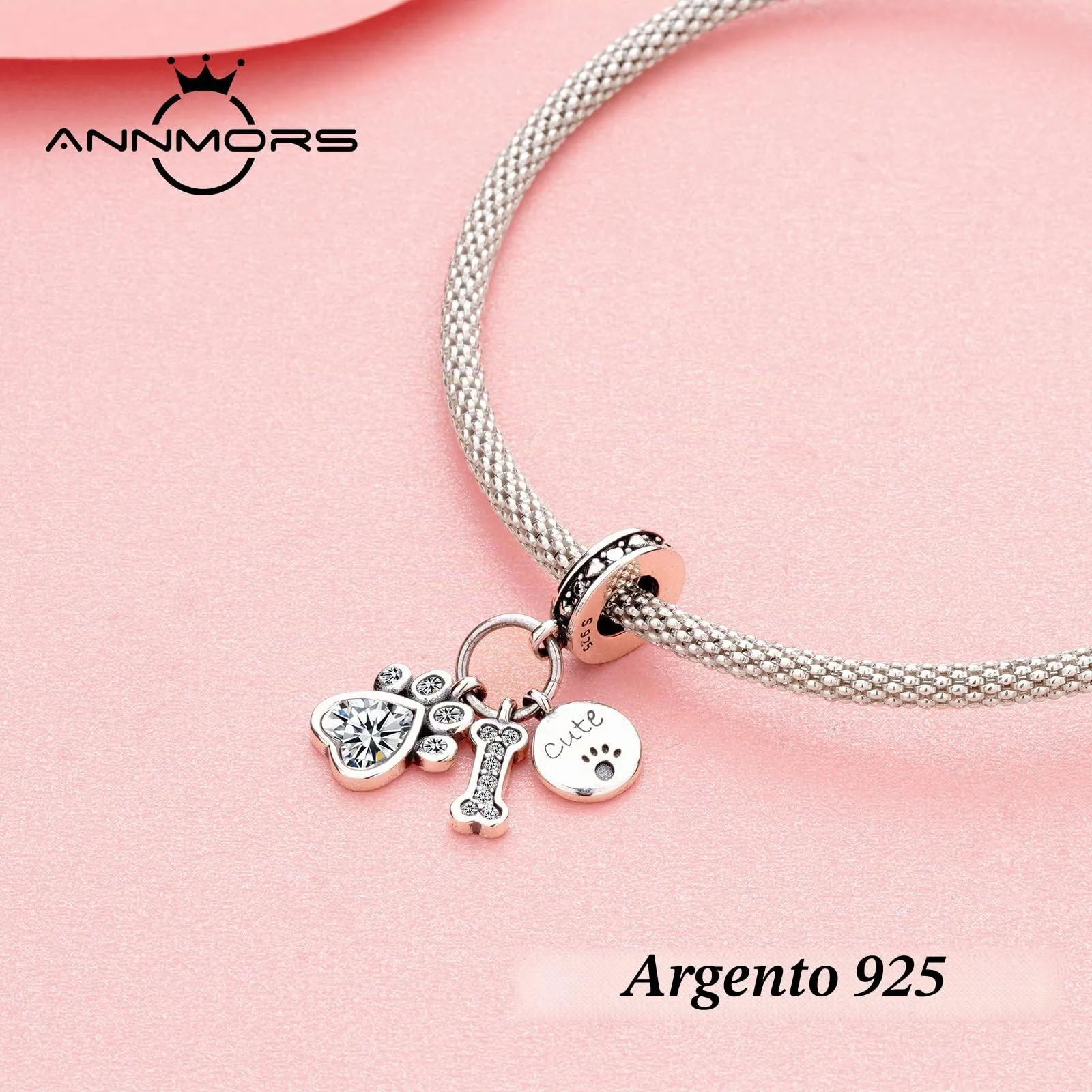 Annmors Ciondolo Argento Sterling 925 Lucky Dog Paws con Zirconi per Bracciali e Collane Europei - immagine 2