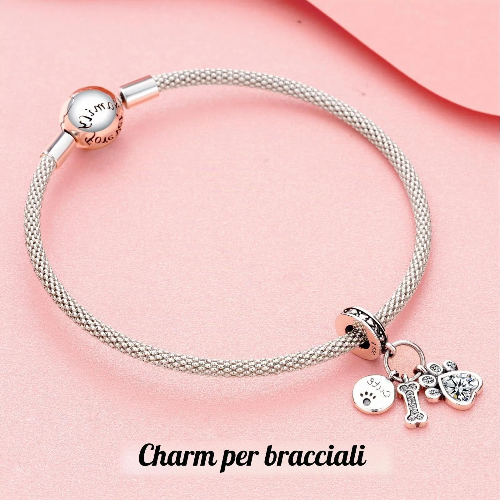 Annmors Ciondolo Argento Sterling 925 Lucky Dog Paws con Zirconi per Bracciali e Collane Europei - immagine 3