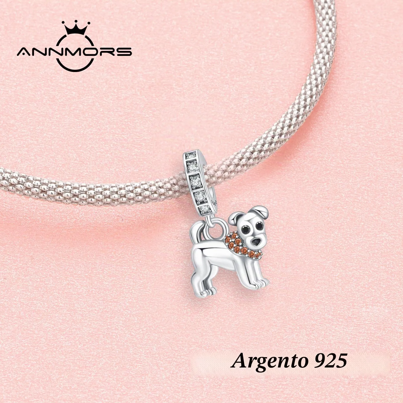 Annmors Ciondolo Argento Sterling 925 Cute Dog con Zirconi 5A per Bracciali e Collane Europei - immagine 2