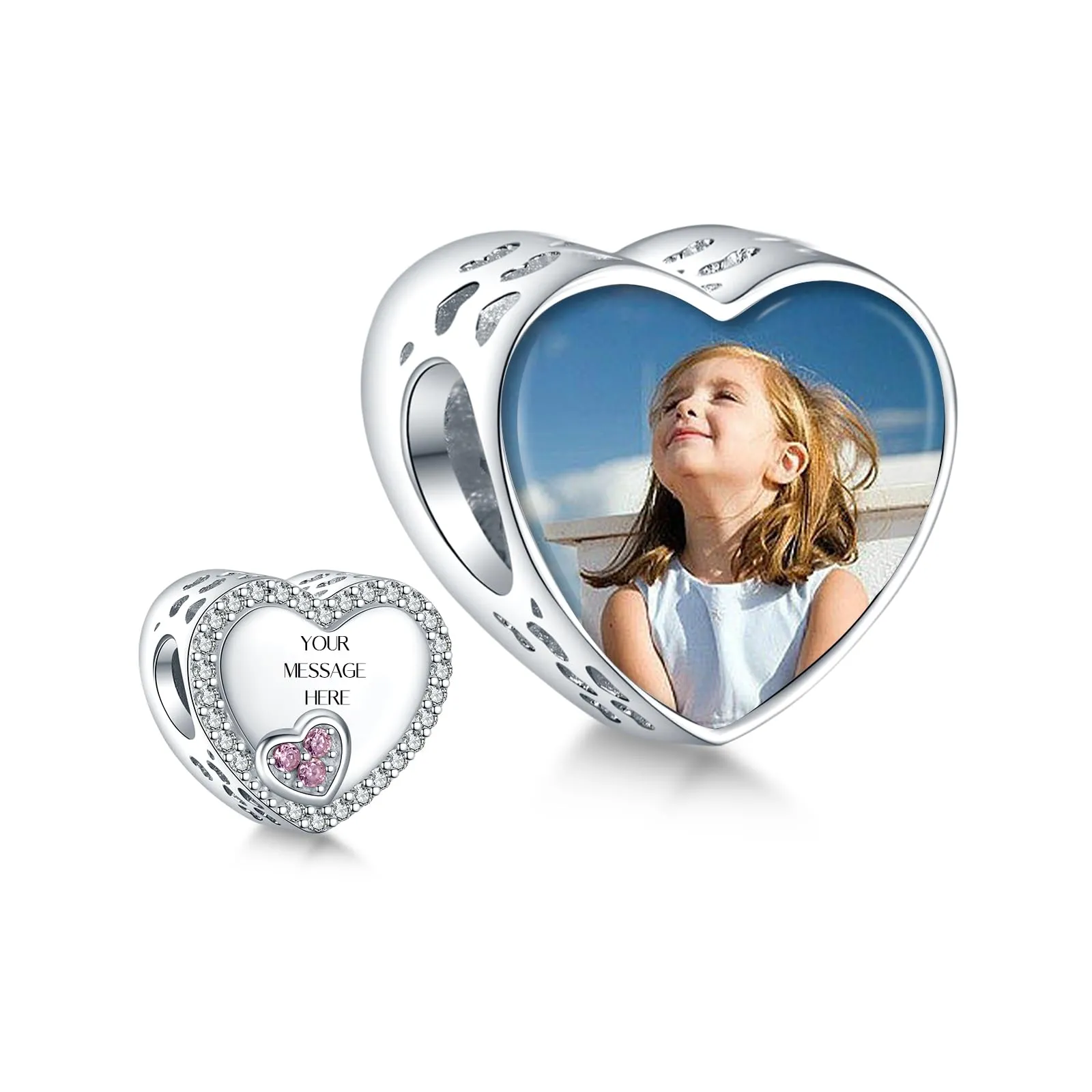 Annmors Ciondoli Bead Argento 925 con Foto a Forma di Cuore Personalizzate Double Heart - immagine 1