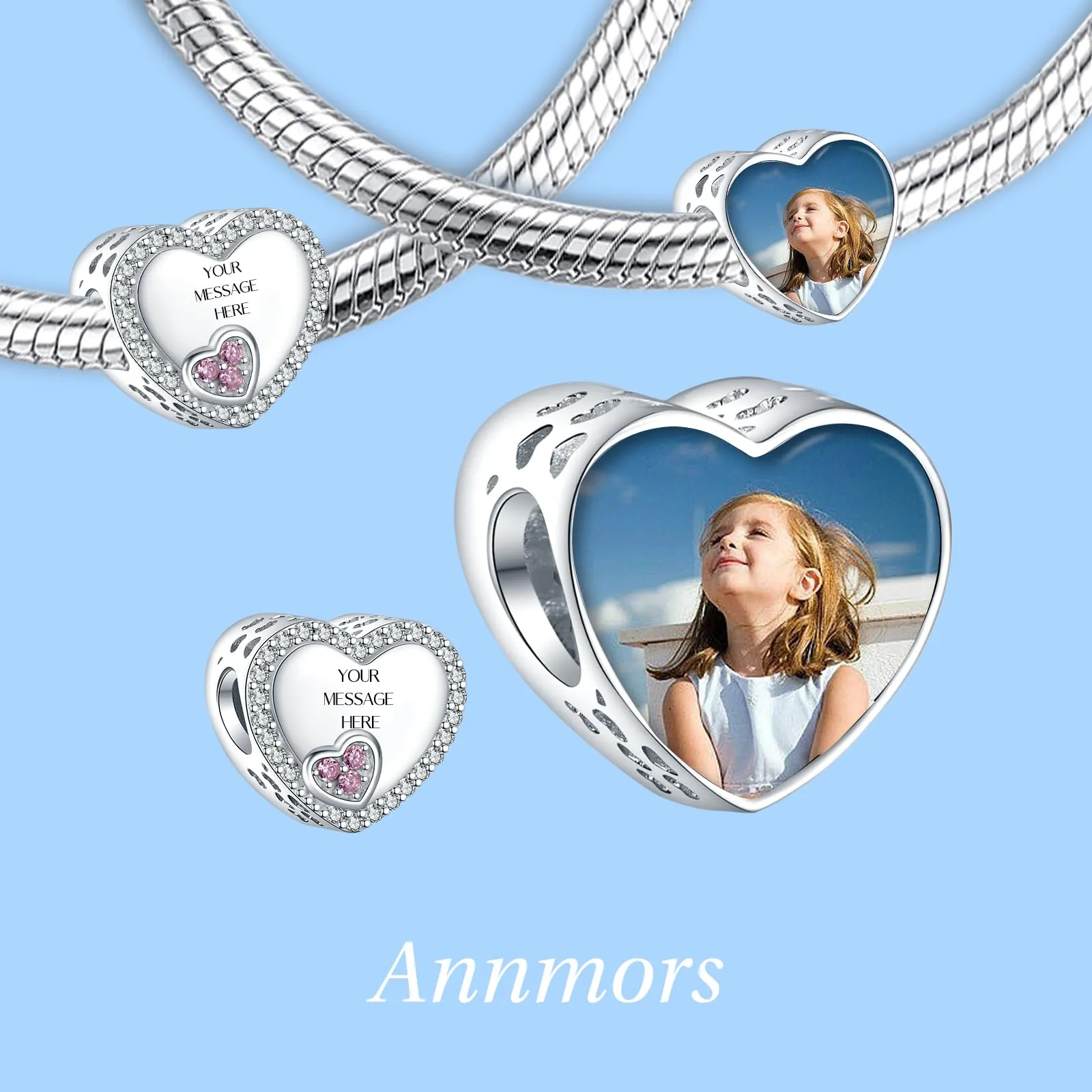 Annmors Ciondoli Bead Argento 925 con Foto a Forma di Cuore Personalizzate Double Heart - immagine 2