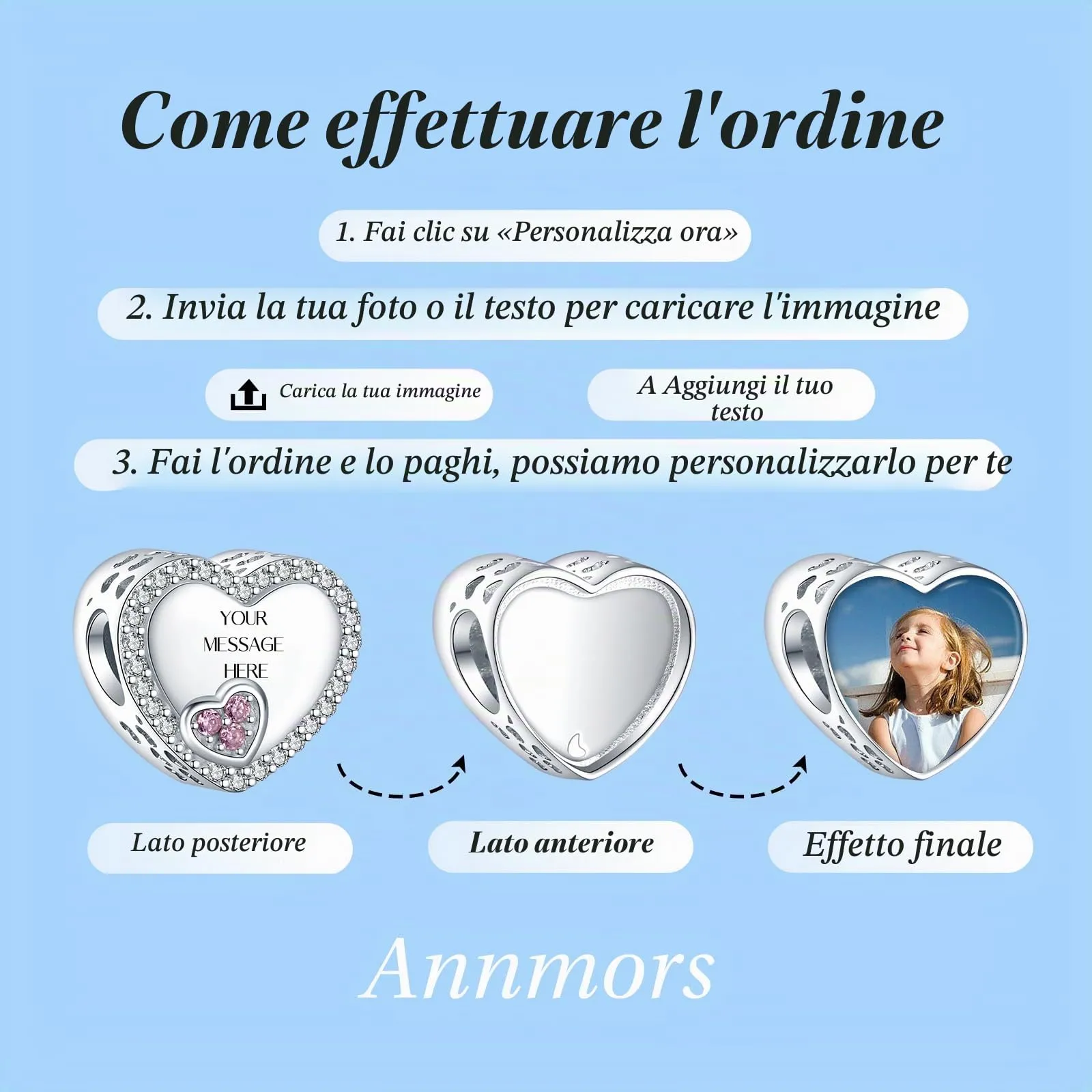 Annmors Ciondoli Bead Argento 925 con Foto a Forma di Cuore Personalizzate Double Heart - immagine 3