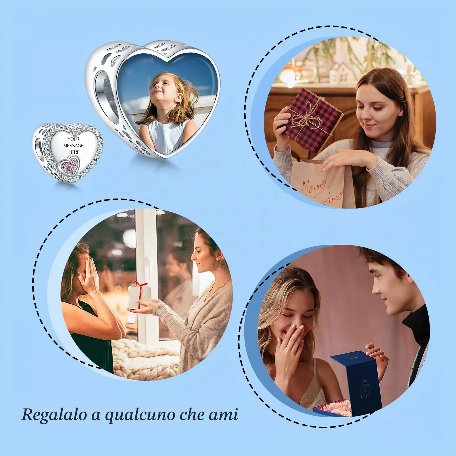 Annmors Ciondoli Bead Argento 925 con Foto a Forma di Cuore Personalizzate Double Heart - immagine 6